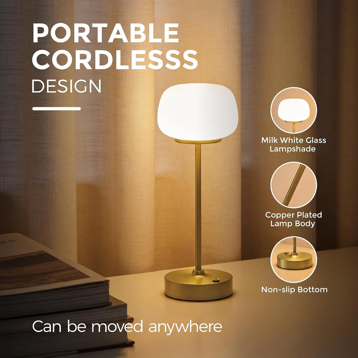 2 Pack Cordless Accent Table Lamp, 2700K Warm Light, 11" High, Gold | Opal Glass, Stepless Dimming, Portable