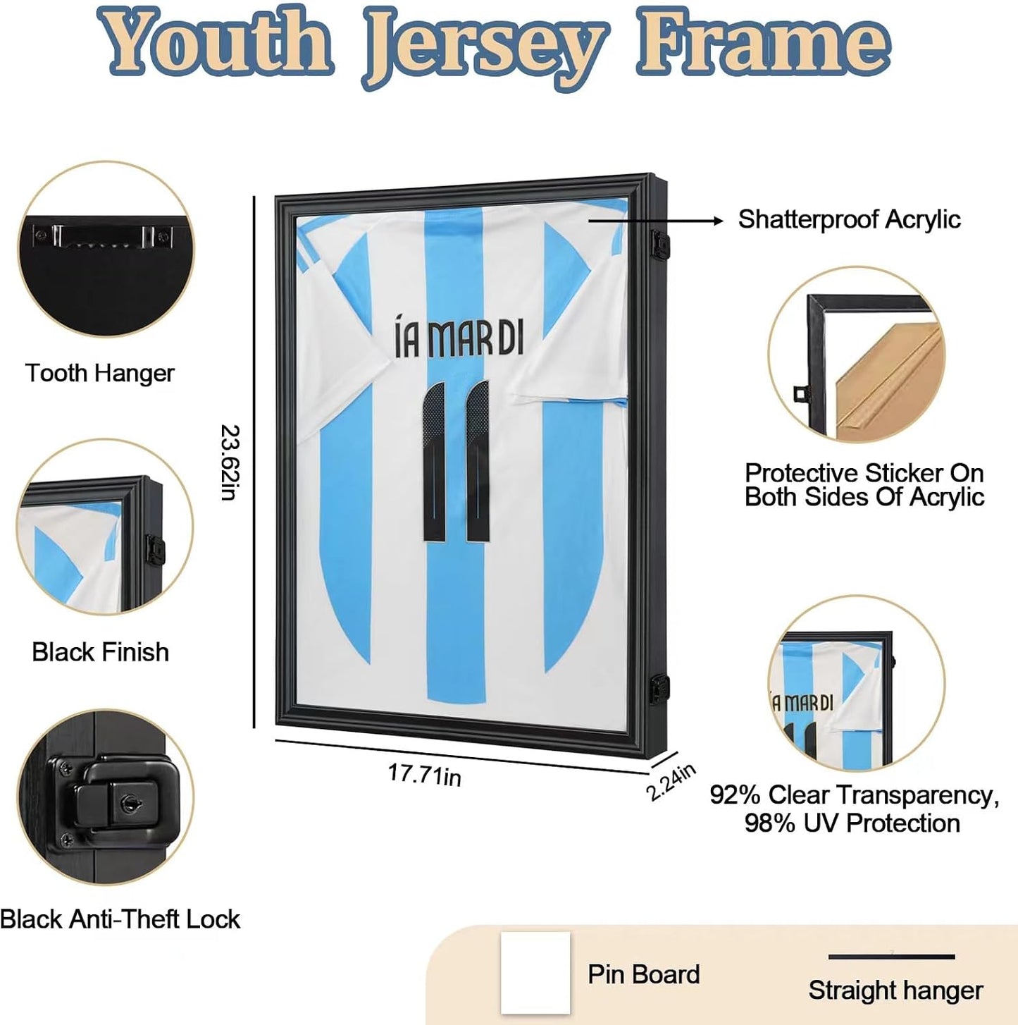 Youth Jersey Frame Display Case Lockable Jersey Frame Shadow Box | UV Protected Acrylic and Hanger for Baseball