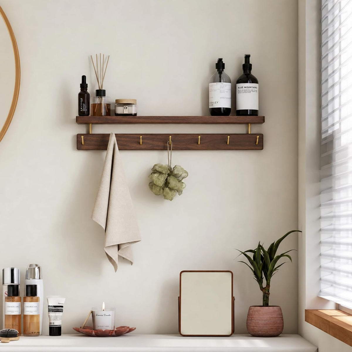 Walnut Wall Hooks with Shelf, Coat Rack Wall Mount, Entryway Hanging Shelf with 7 Brass Hooks for Hats, Clothes