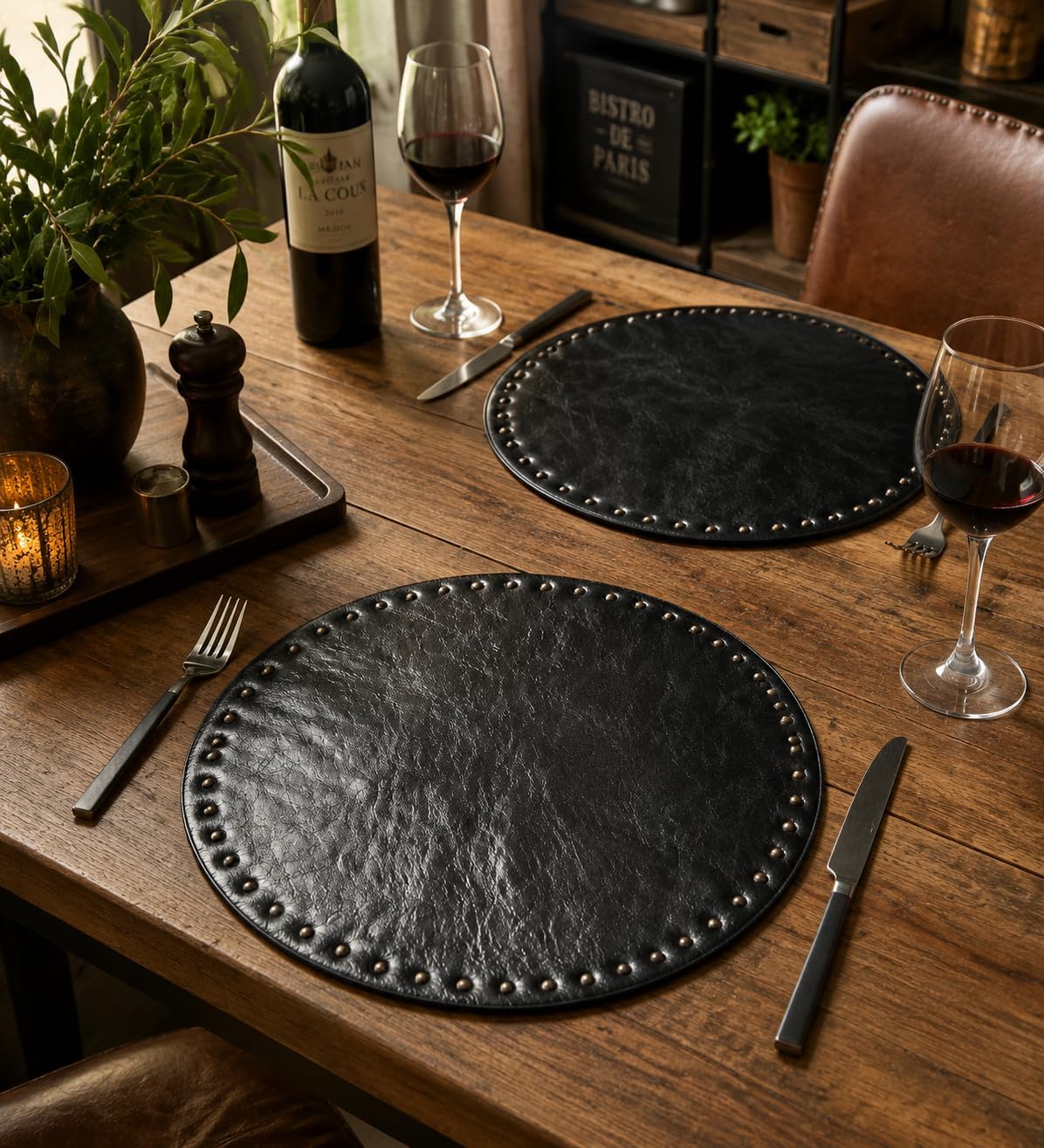 FAVE Black Faux Leather Placemats 13.78 Inches Round Placemat Set of 4 | Heat Resistant Place Mats with Rivets Placemat
