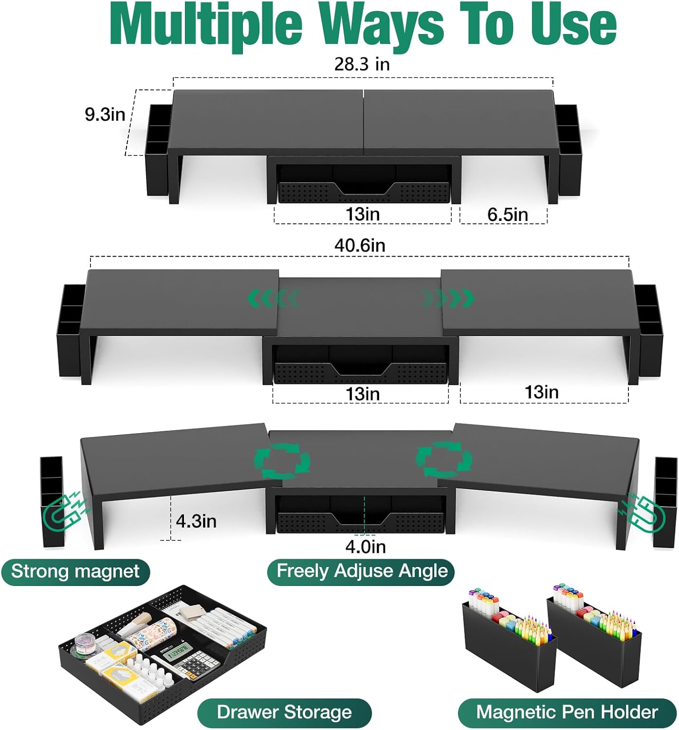 Desk Organizer and Accessories, Dual Computer Monitor Stand Riser with Drawer and 2 Pen Holders, Laptop Stand, Office