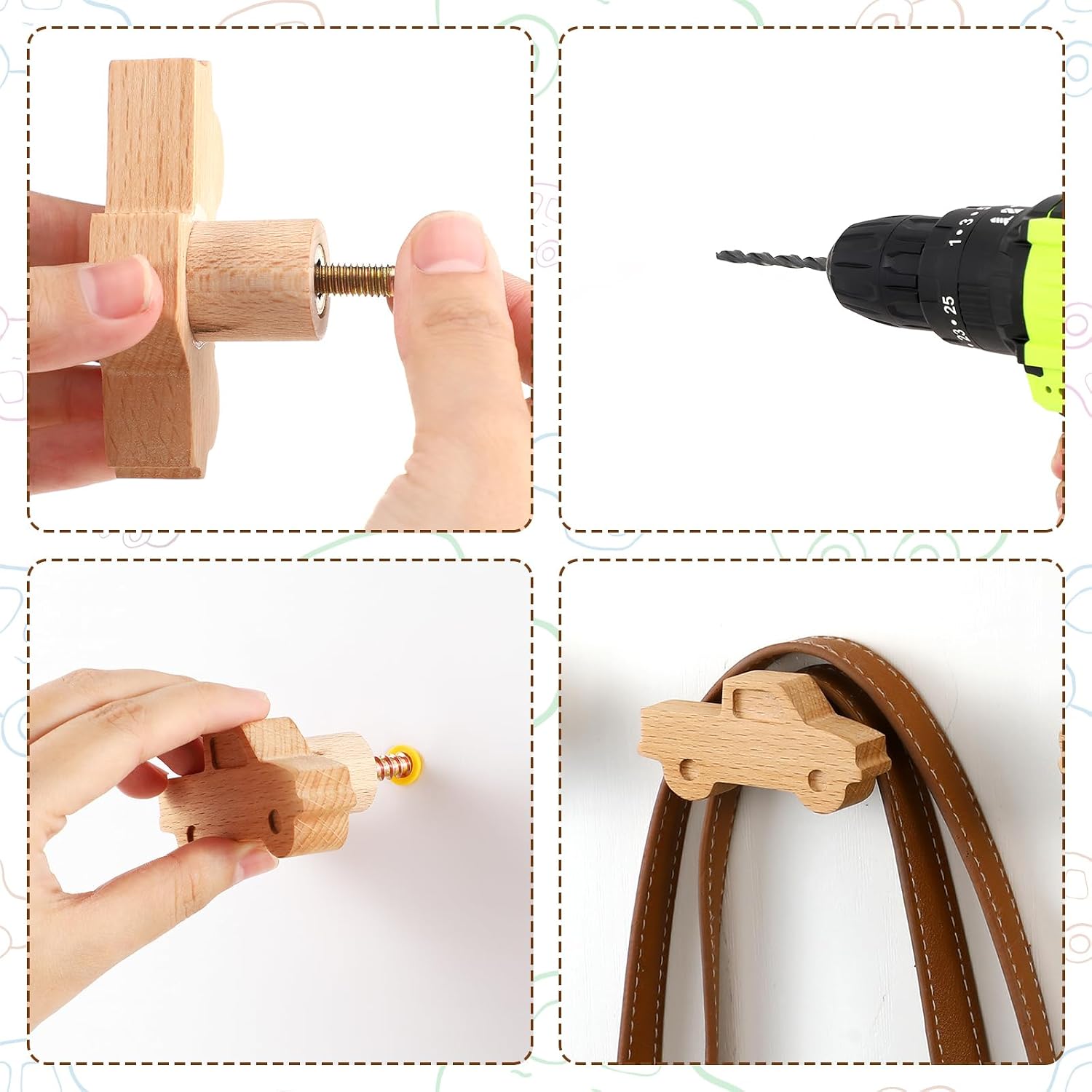 Kids Coat Hooks Wall Mount Car Shaped Wooden Coat Rack for Kids Room Nursery Wood / Cars / Set of 8