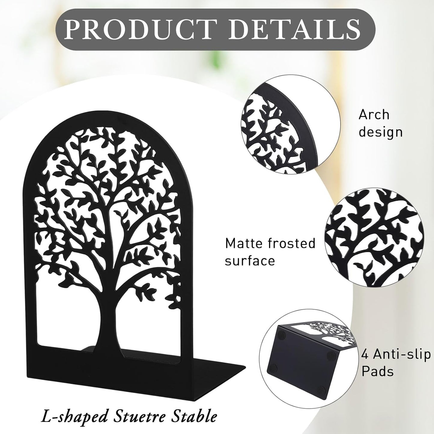 Metal Bookends / Tree and Flower Book Stoppers / Classic / Black