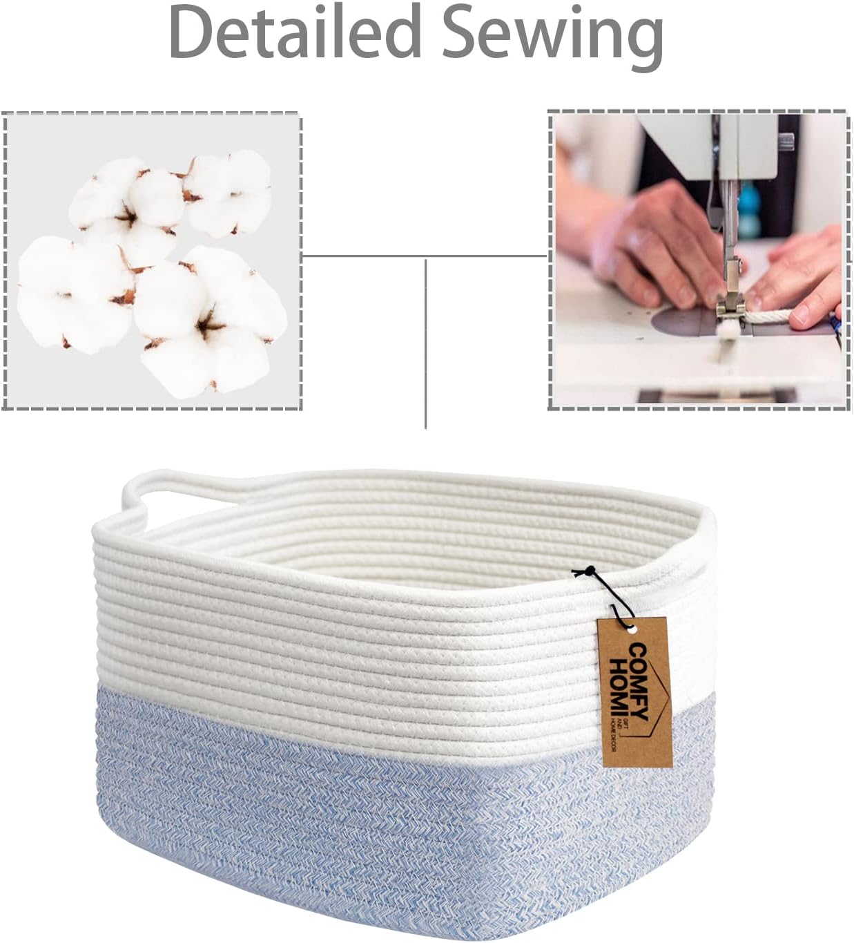 Cotton Rope Woven Basket / 13.5 x 11 x 9.5 / White/blue
