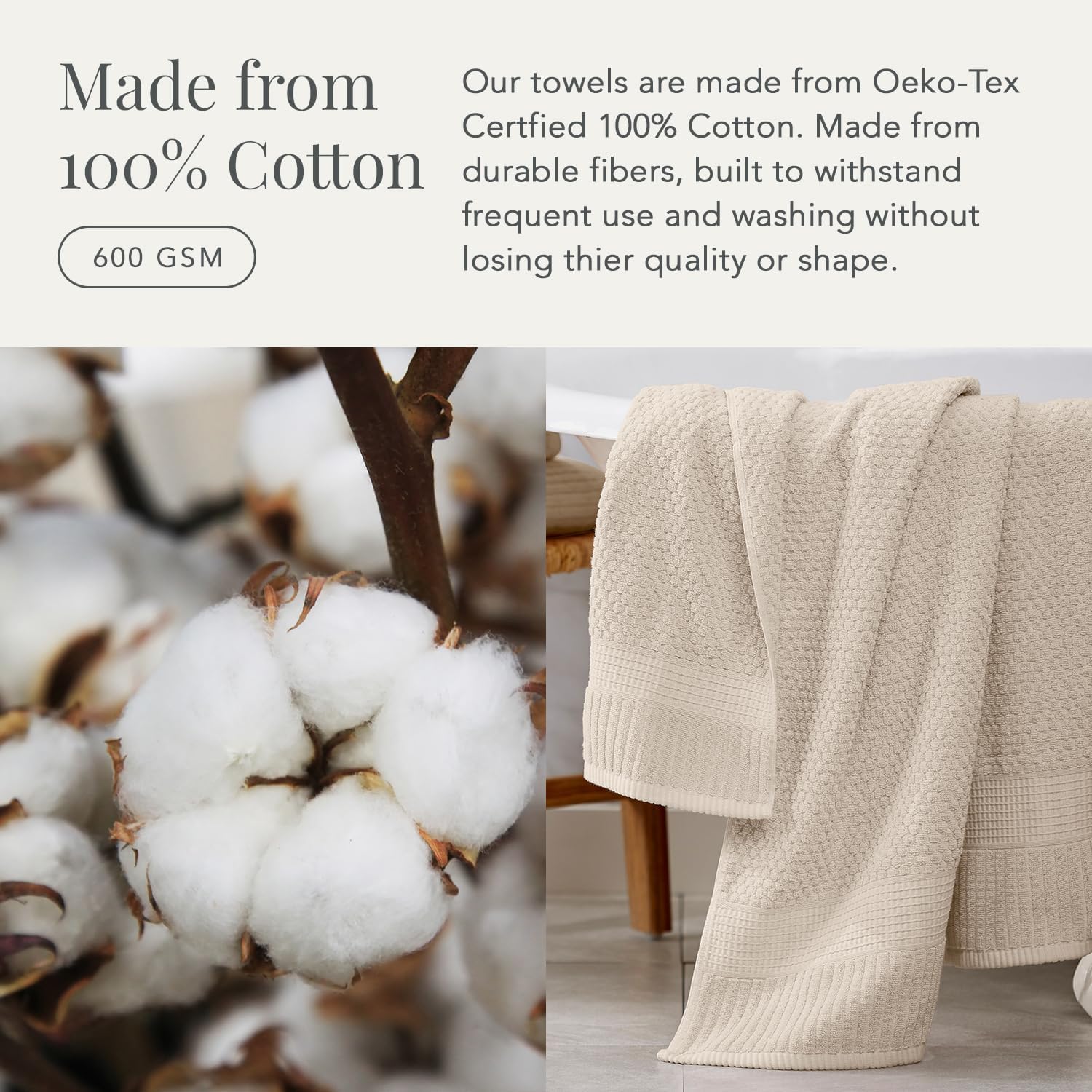 NY Loft 100% Cotton 4-Pack Bath Towel Set | Sand | Oeko-TEX | Quick-Dry | Four 30" x 52" Bath Towels | Super Absorbent