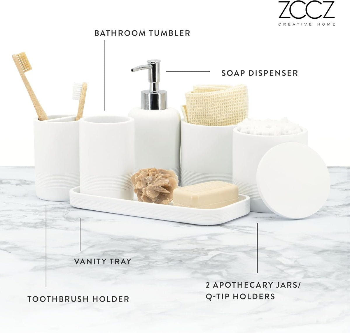 White Bathroom Accessories Set 6 Pieces - Toothbrush Holder, Lotion Dispenser, Qtip Container, Vanity Tray, Tumbler