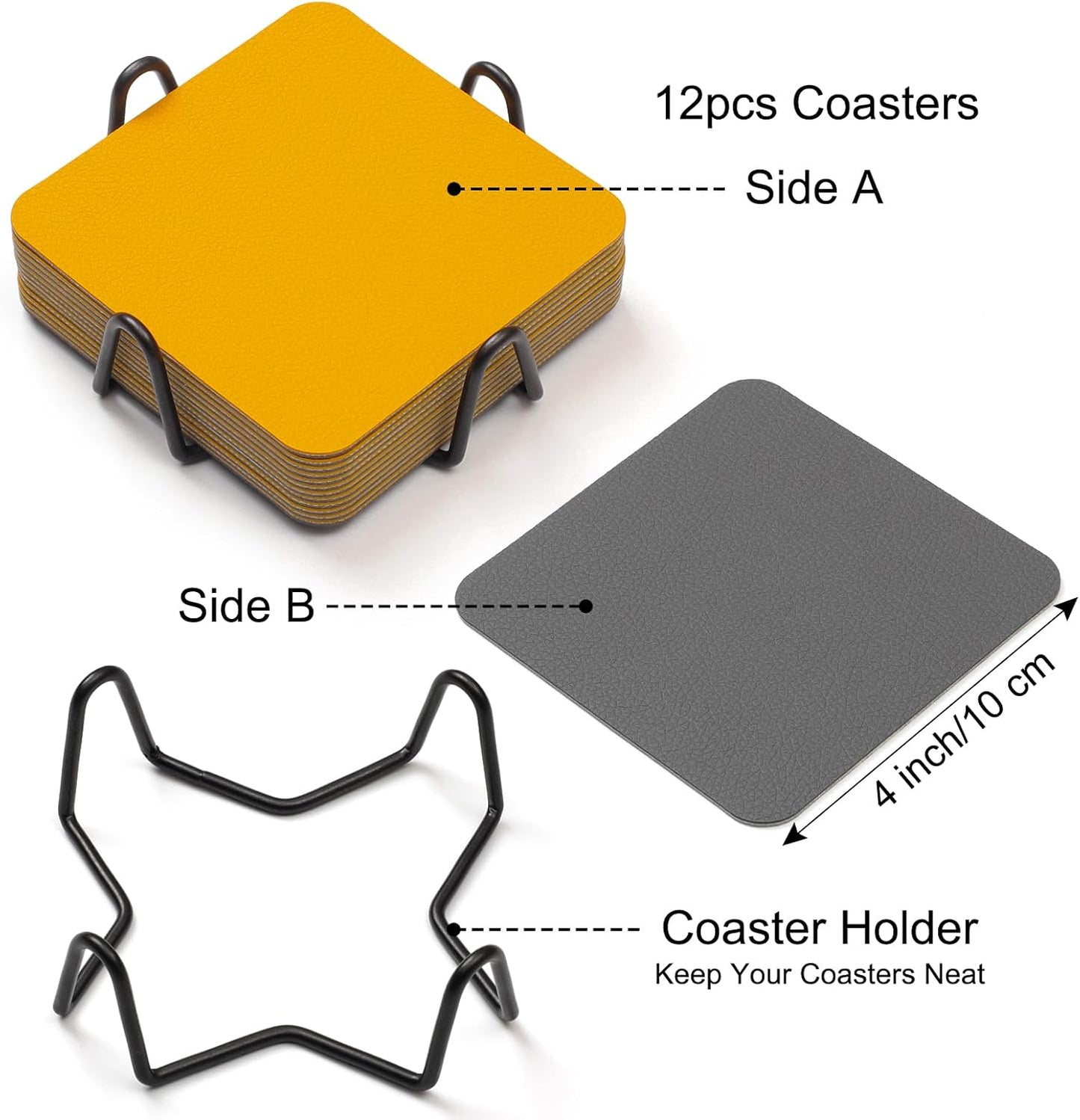 Coasters Glass Coasters Double Sided Faux Leather Coaster / Gray Yellow / 4 Inch / Set of 12