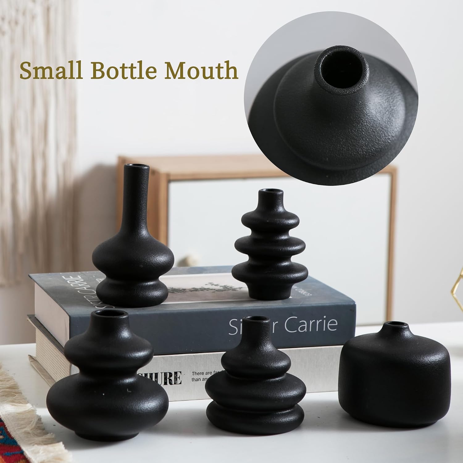 Boho Vases / Black Ceramic Bud Vase / Matte Black Vase / Set of 5