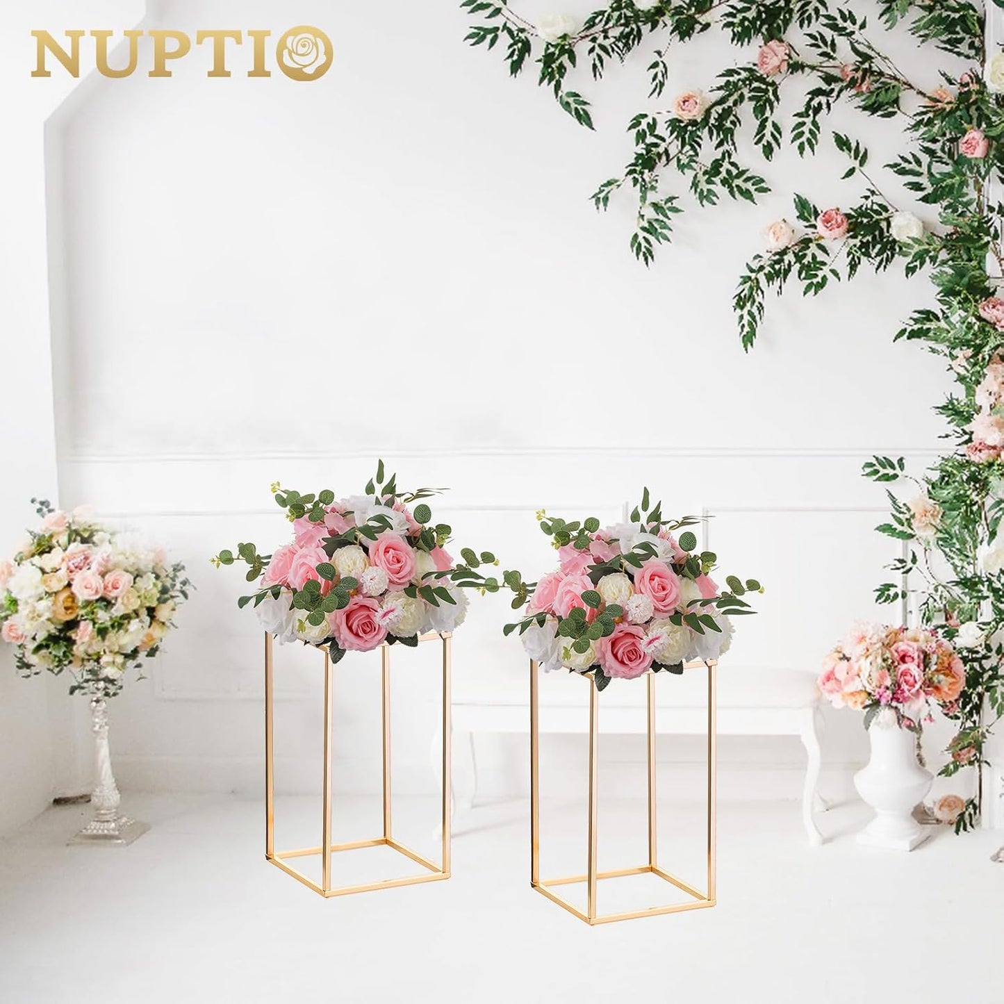 NUPTIO Gold Stands for Centerpieces, Geometric Column, 15.75" Tall, 2 Pcs | Metal Flower Holder, Rectangular Display