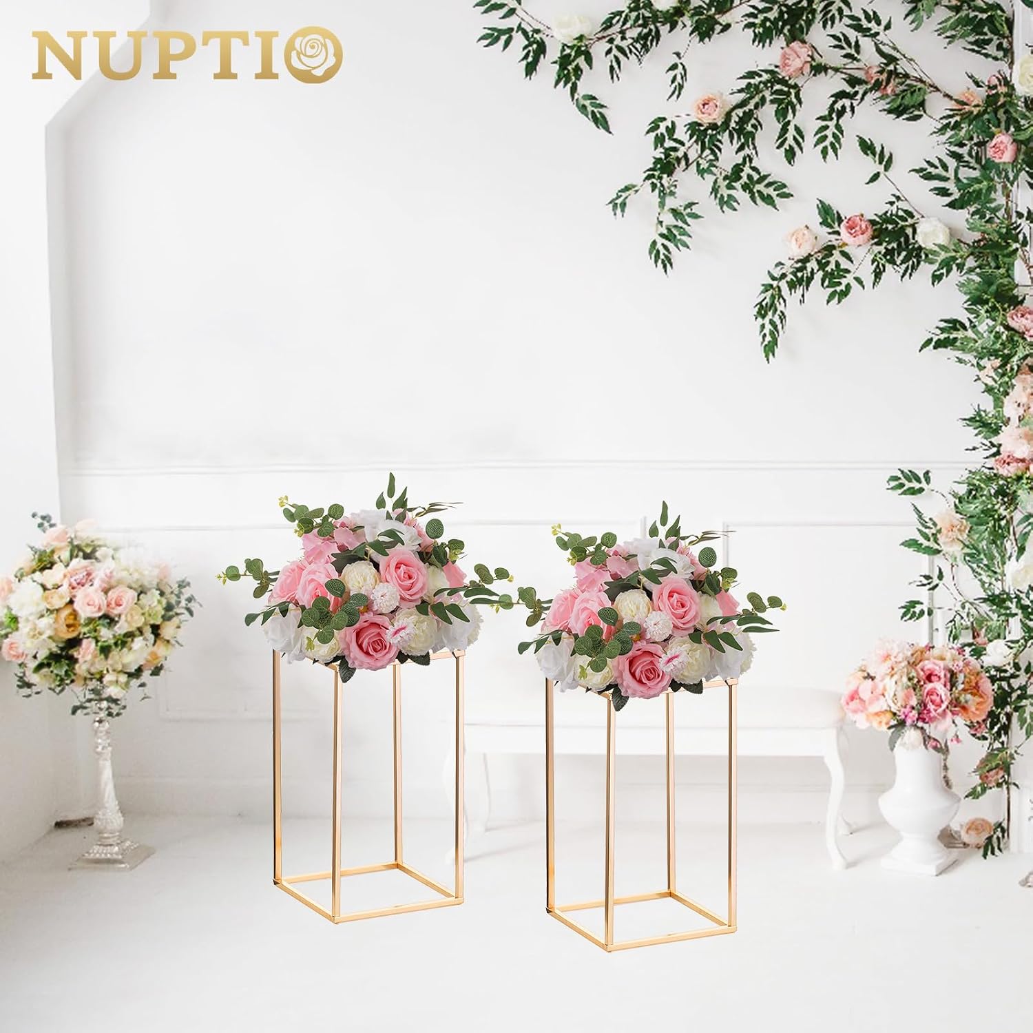NUPTIO Gold Stands for Centerpieces, Geometric Column, 15.75" Tall, 2 Pcs | Metal Flower Holder, Rectangular Display