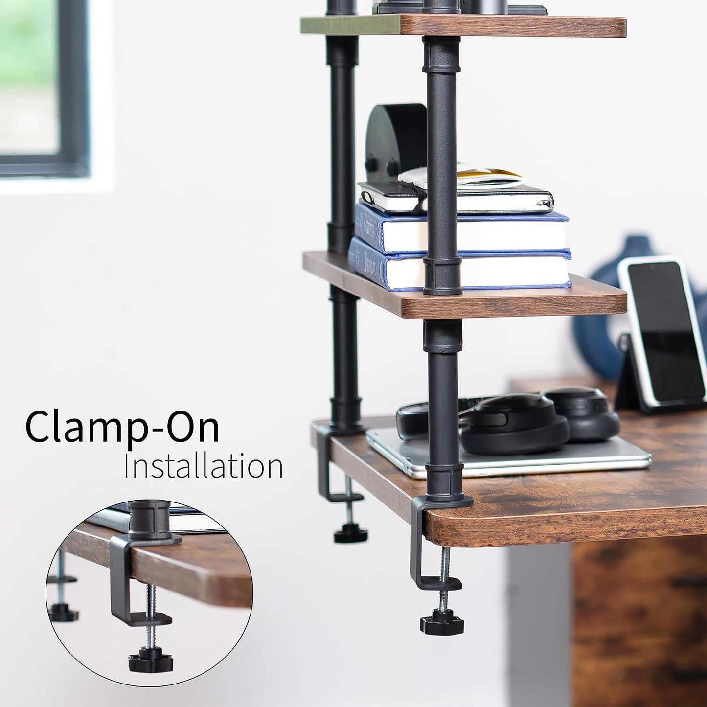VIVO Clamp-on Premium 24 inch Industrial Pipe 2-Tier Tabletop Shelving, Heavy Duty Desk Extension Organizer, Modern