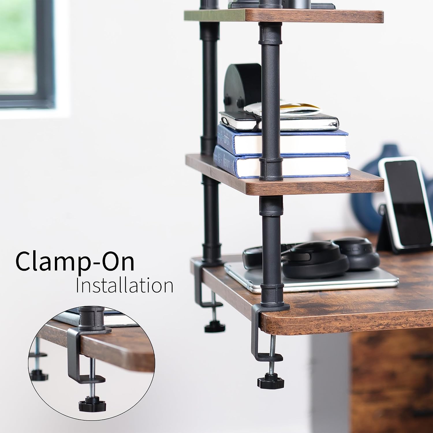 VIVO Clamp-on Premium 24 inch Industrial Pipe 2-Tier Tabletop Shelving, Heavy Duty Desk Extension Organizer, Modern