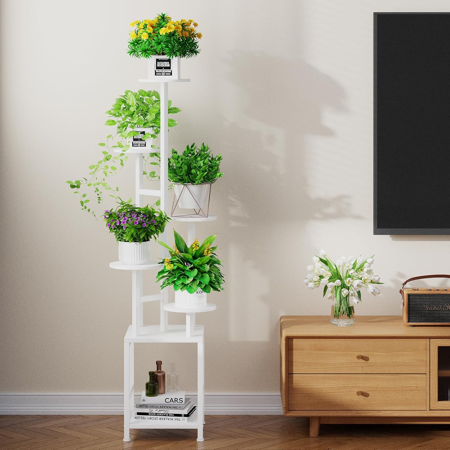 Plant Stand Indoor with Grow Light, 6-Tiered Tall Plant Stand Indoor, Metal Plant Shelf with Hanging Basket Hook and