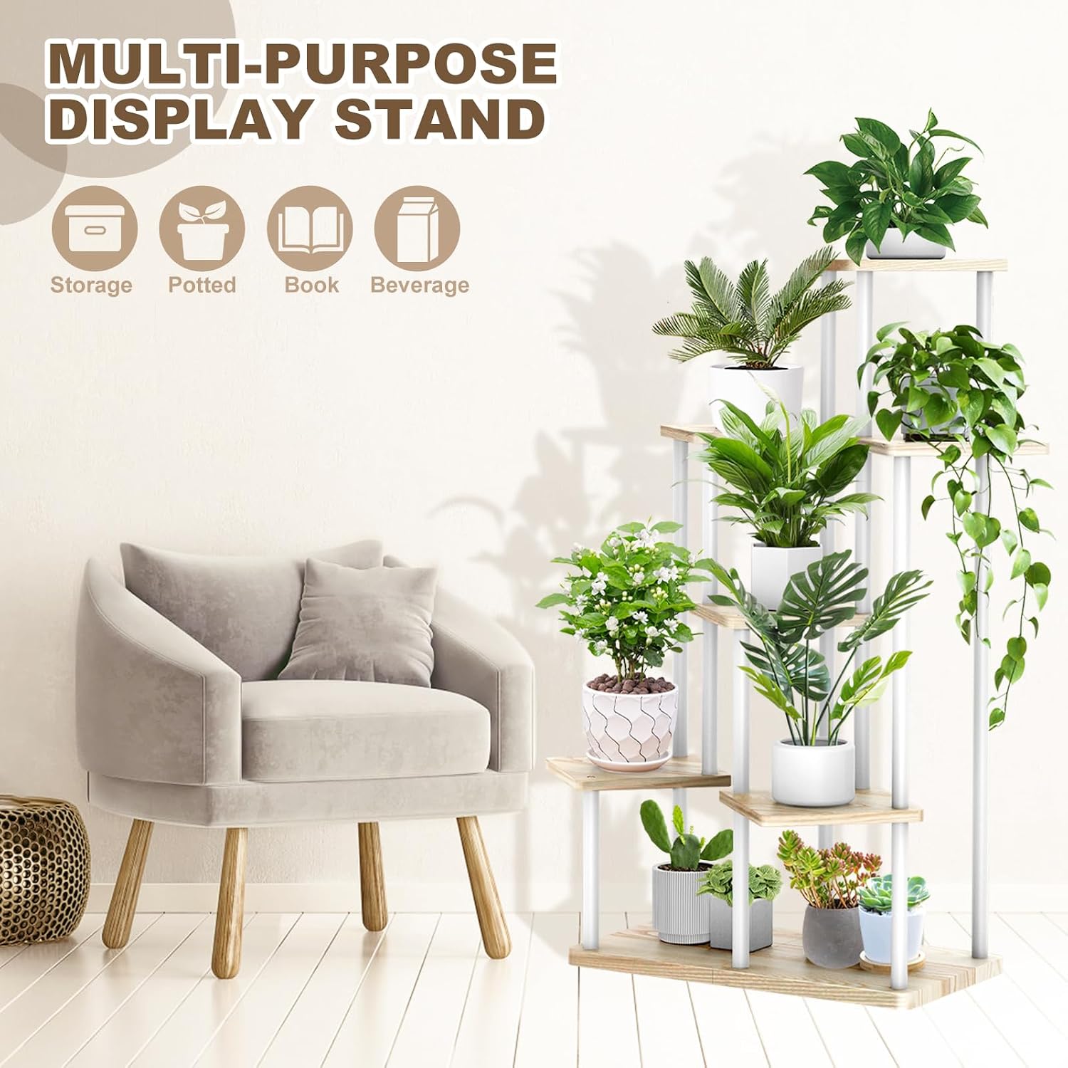 7 Tier Plant Stand Indoor, Thickened Metal Wood Corner Plant Shelf Stands for Multiple Plants, Indoor Tall Plants Stand