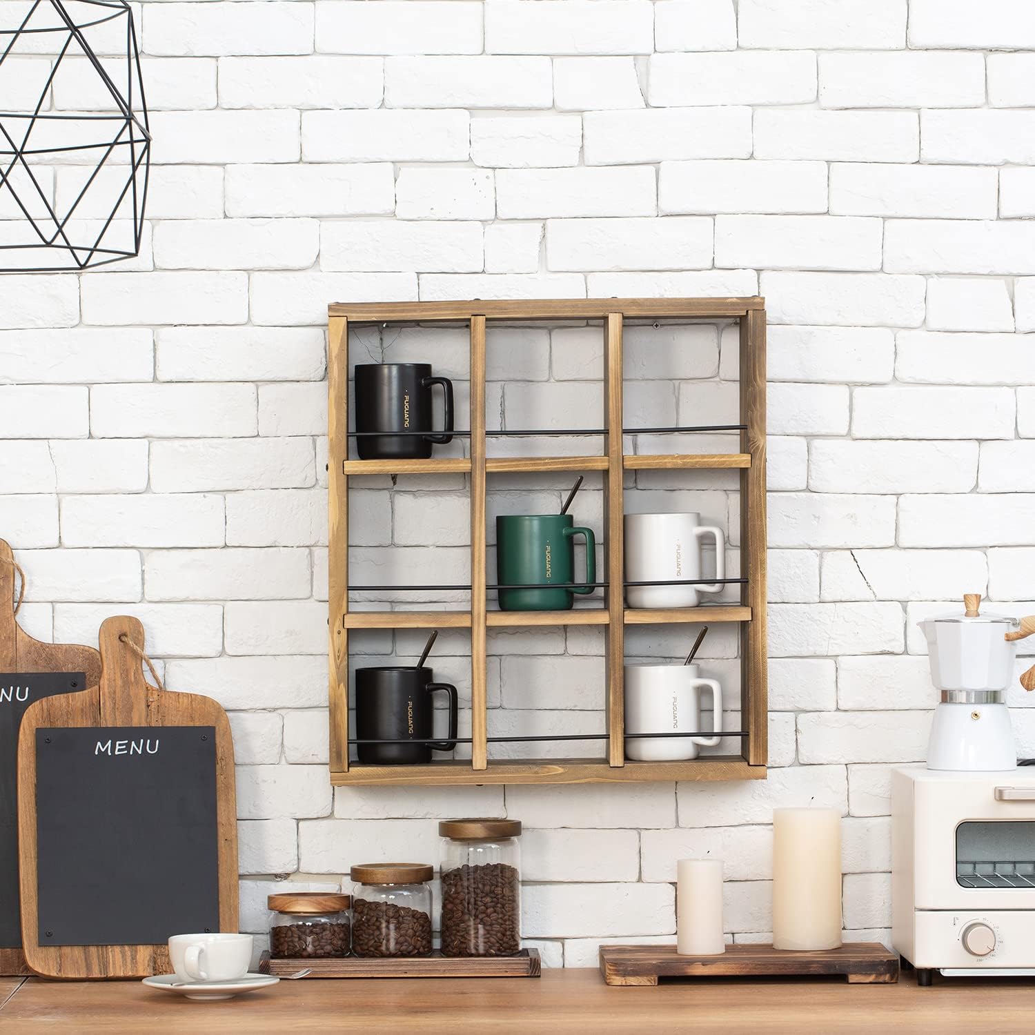 MyGift Wall Mounted Coffee Mug Display Rack – Rustic Burnt Wood Shadow Box Shelf for Collectible Travel Mugs, Cup