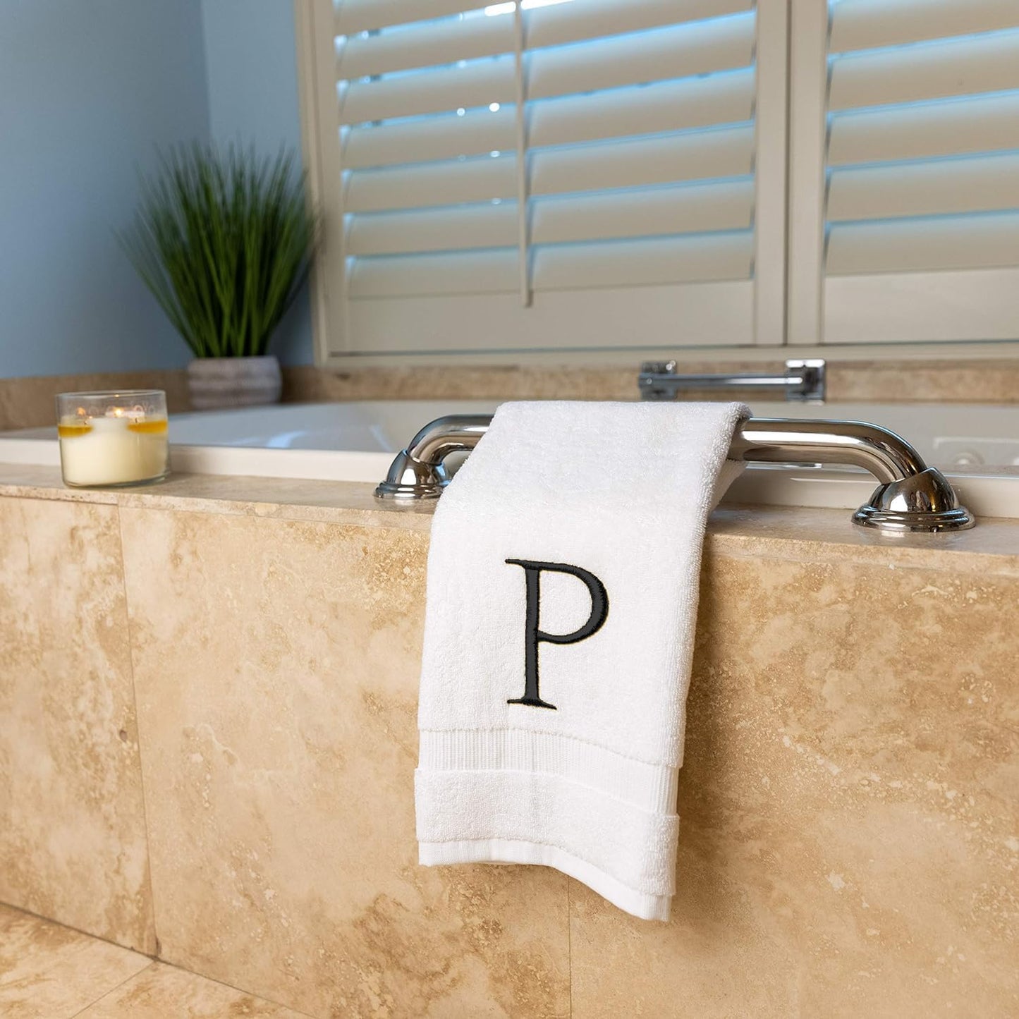 White with Dark Gray Monogrammed Hand Towels for Bathroom Set of 2 Letter P | Luxury Hotel Quality Initial Towels For