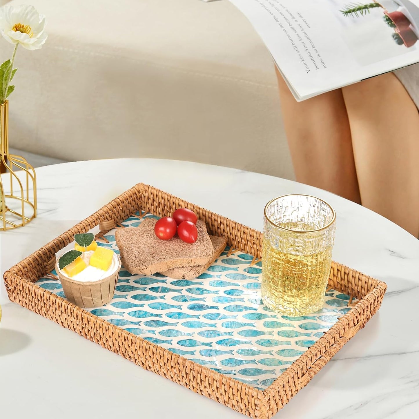 Rattan Serving Tray / Turquoise Fish