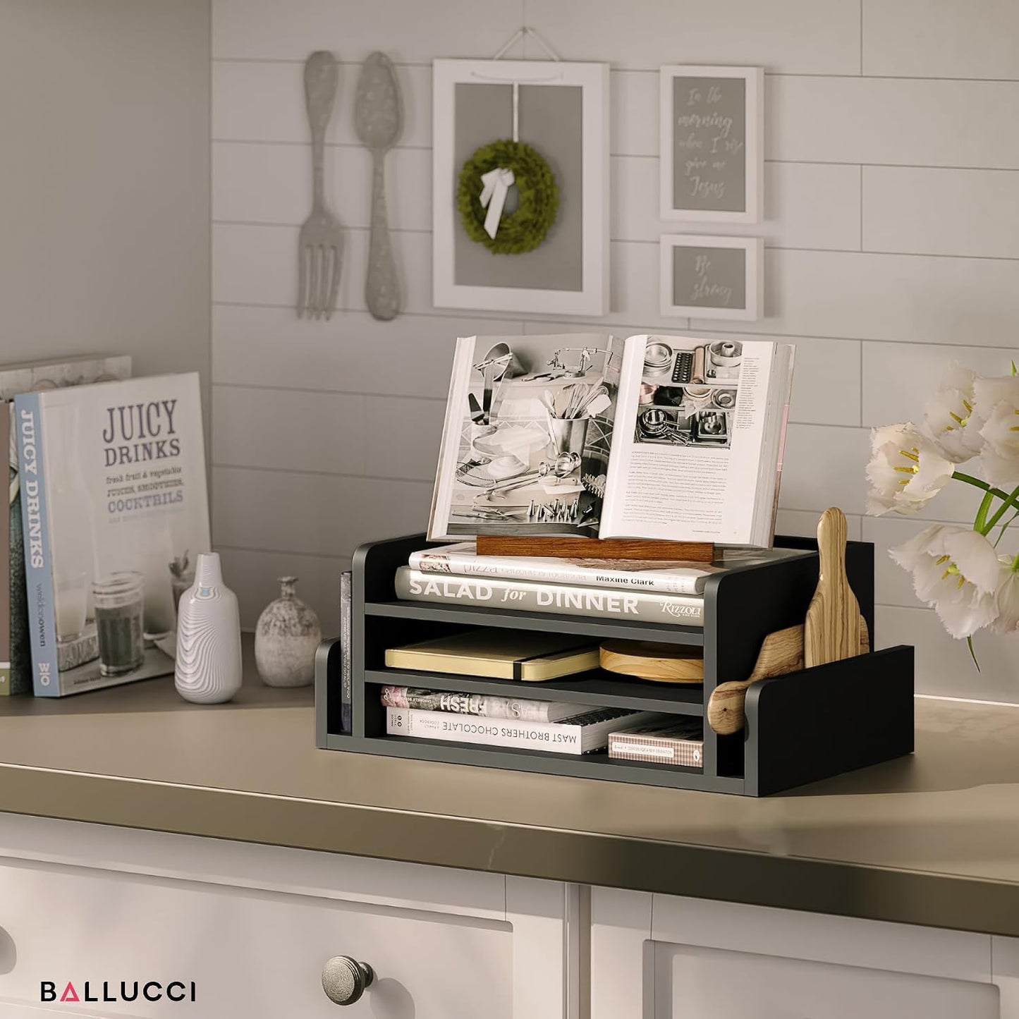 Ballucci 3-Tier Desk Organizer with 2 Side Mail Sorter Slots, Wood Letter Tray, Open Top Paper Organizer, Desktop File