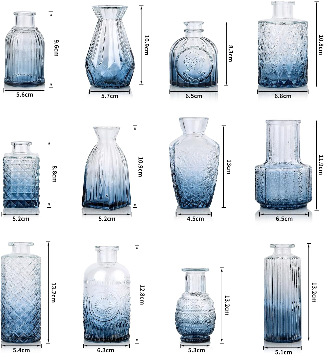 Small Mini Glass Vases for Centerpieces / Ombre Blue / Set of 12
