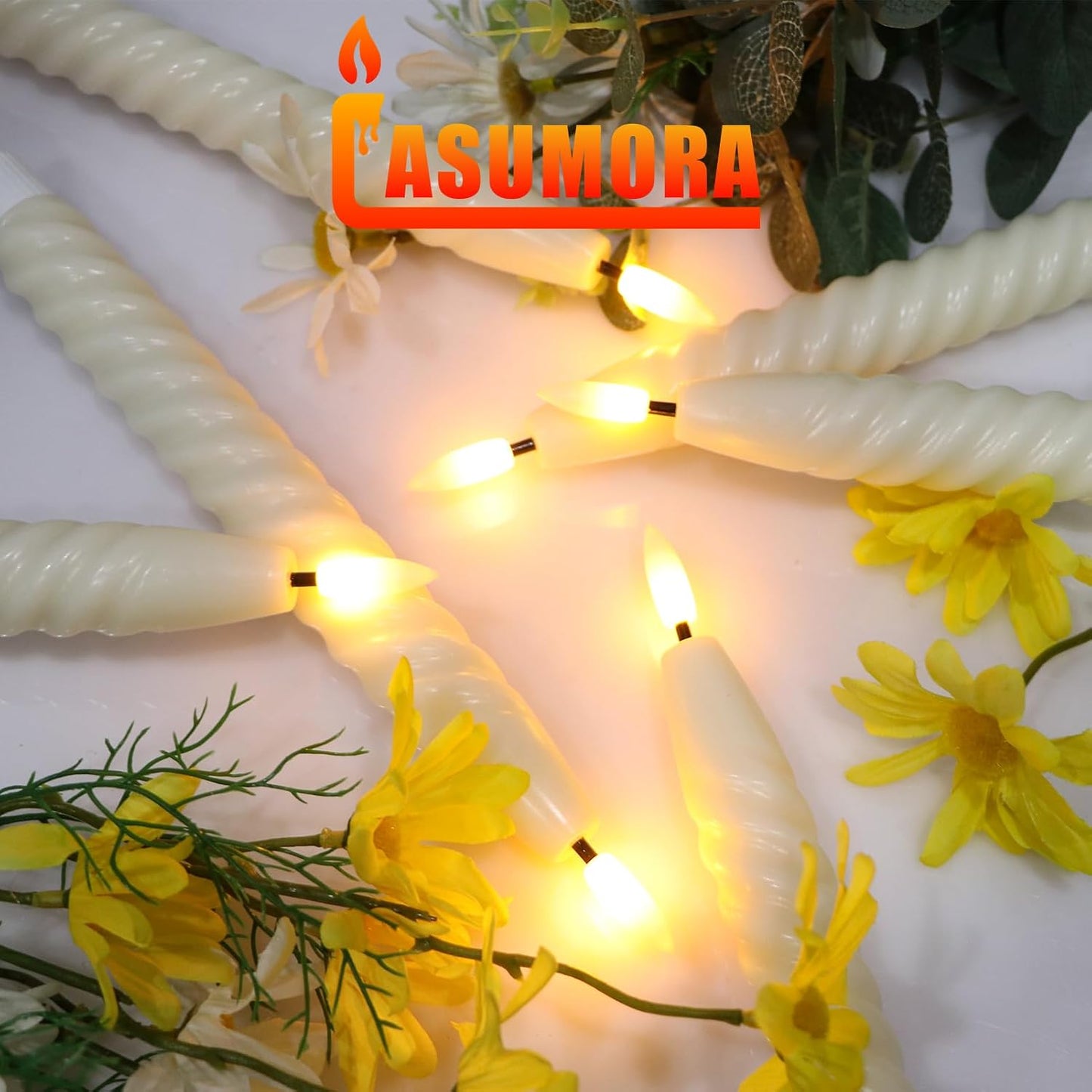 Ivory Flameless Taper Candles Flickering with Remote Timer | LED Spiral Taper Candles, Flameless Candlesticks, Battery