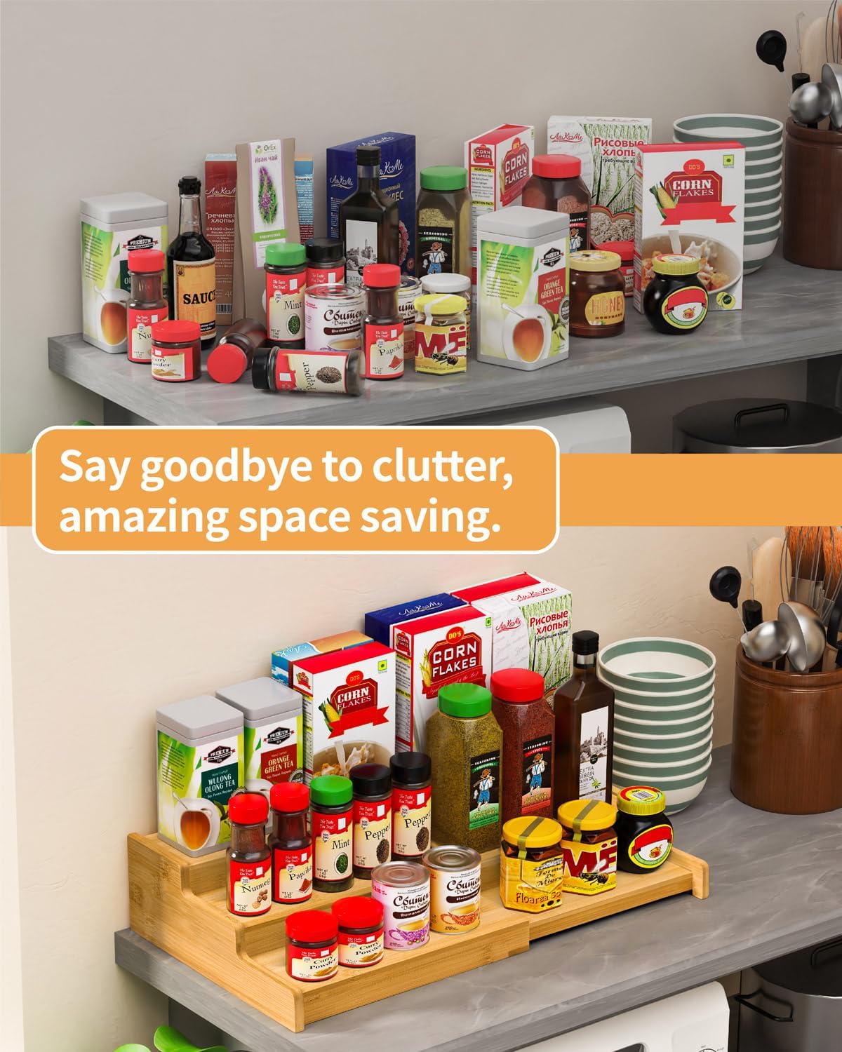 Spice Rack 3-Tier Natural Bamboo, Adjustable Cabinet Organizer Shelf | Expands 8.7-15.6"cabinets. Stepped design