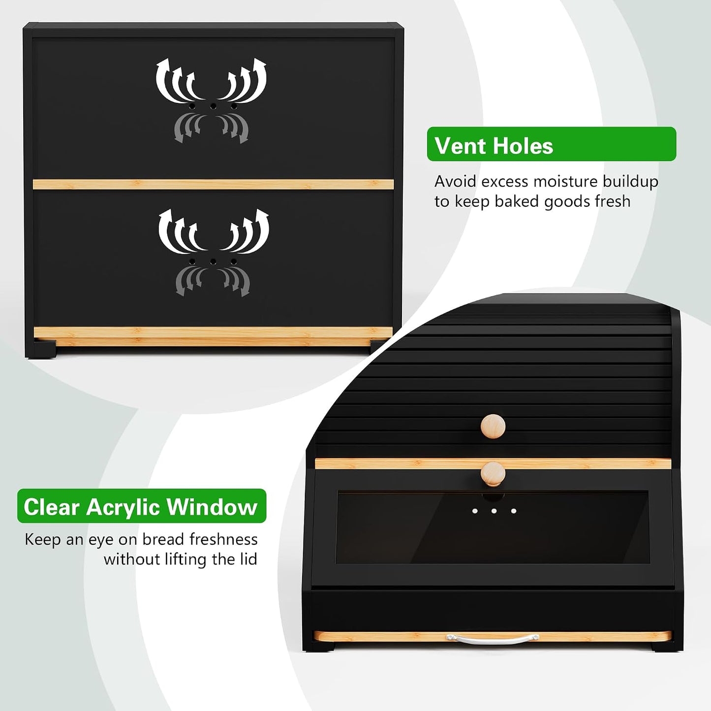 HOLTICO Roll Top Bamboo Bread Box with Cutting Board for Kitchen, Black | 2-Tier Large Wood Bread Bin for Kitchen
