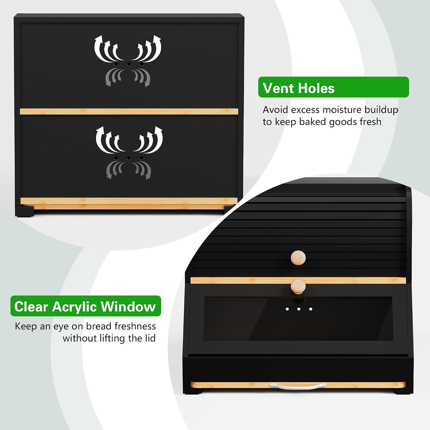 HOLTICO Roll Top Bamboo Bread Box with Cutting Board for Kitchen, Black | 2-Tier Large Wood Bread Bin for Kitchen