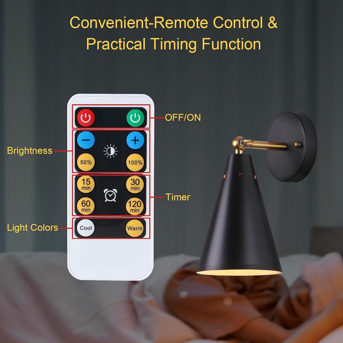 MWZ Black Battery Operated Wall Sconces Set of Two,Wireless Indoor Lighting with Remote Control, Modern Dimmable 2