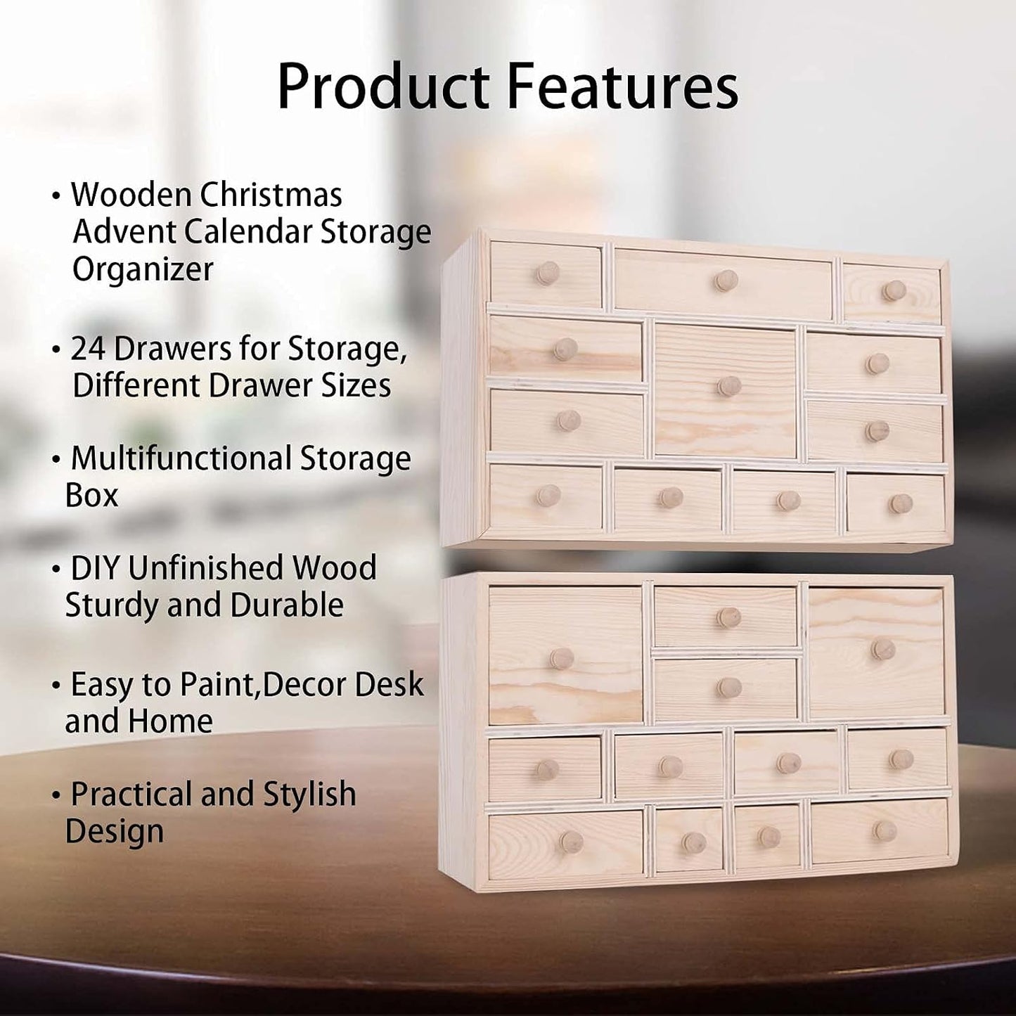 Vencer Set of 2 Wooden Countdown to Christmas Advent Calendar,Craft Storage Organizer with 24 Drawers,DIY Unfinished