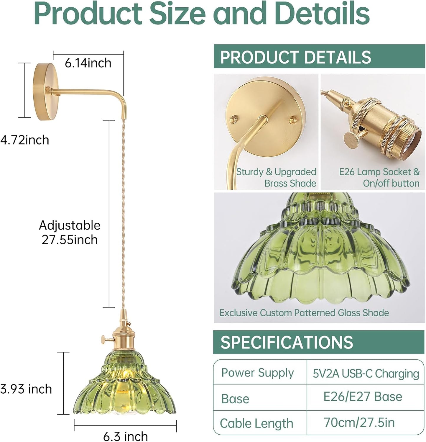 Shenmoyl Battery Operated Wall Sconce Wall Lamp with Green Lily of the Valley Shade Pattern Glass Adjustable Chain