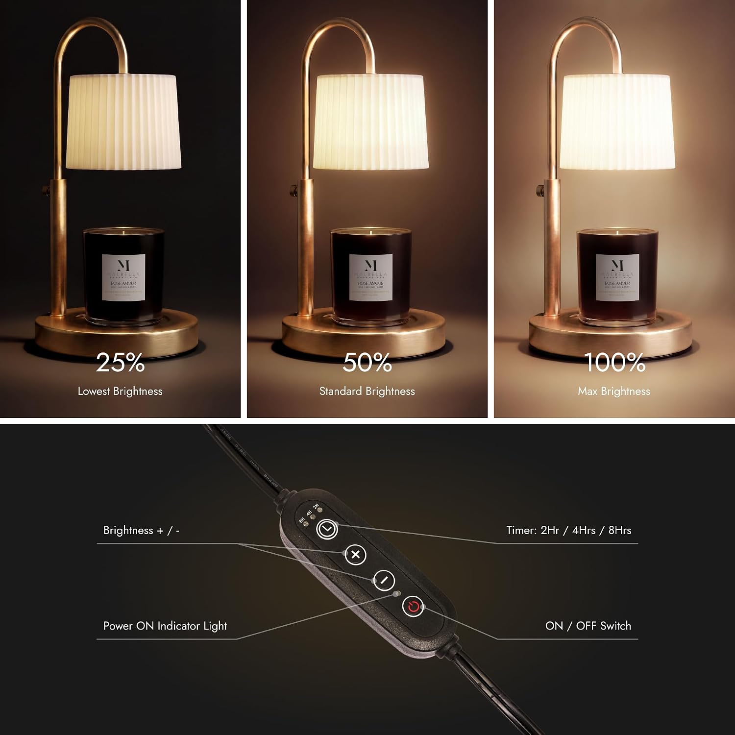 Dimmable Glass Candle Warmer Lamp with Timer - Adjustable Height Candle Lamp Warmer with Timer (8H/4H/2H) - Wax Melter