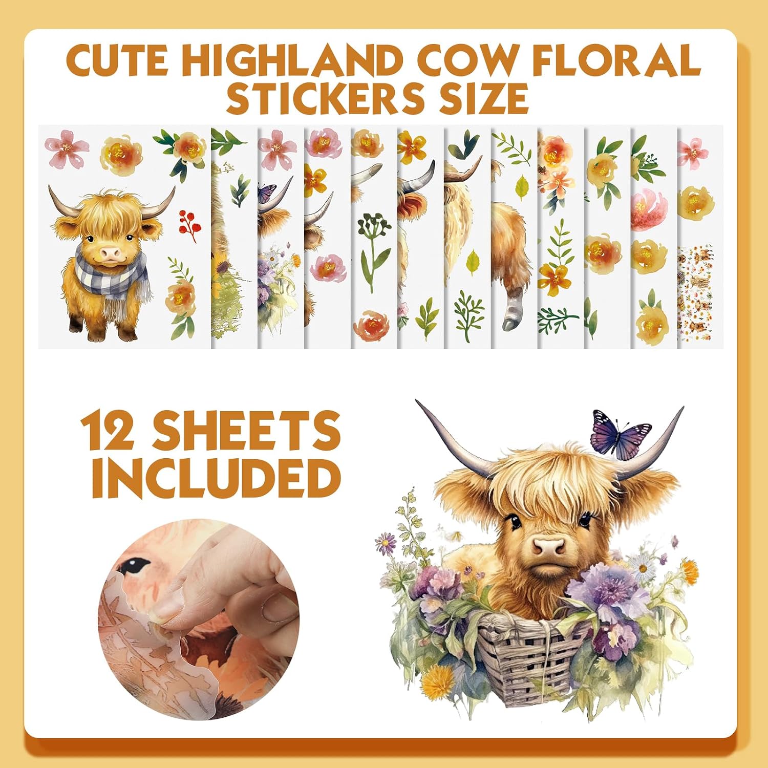 12 Sheet Highland Cow Wall Decals Baby Wall Stickers Highland Cow Sticker for Kids Baby / Set of 78
