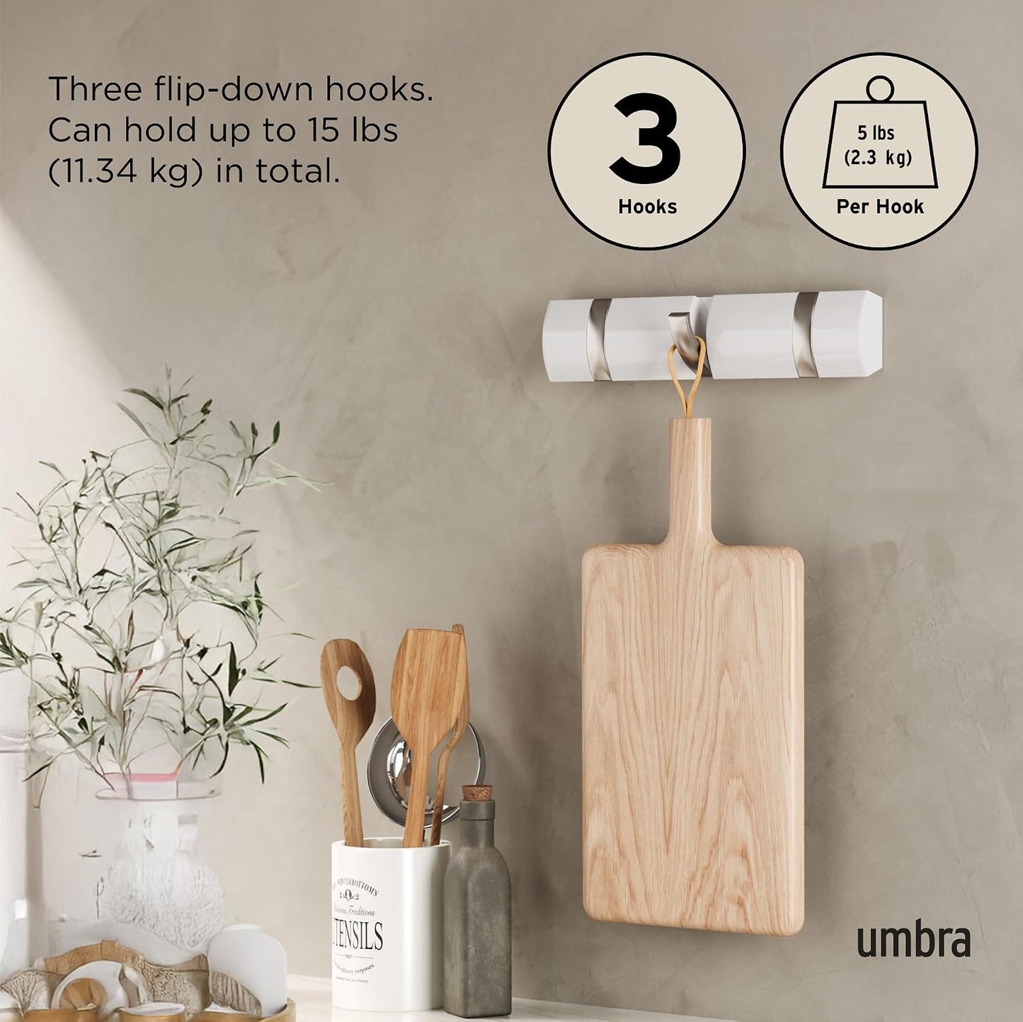 Umbra Flip Coat Rack, Wall Mount Retractable Hooks, 3-Hook, White/Nickel | Real wood and steel build, folds flat when