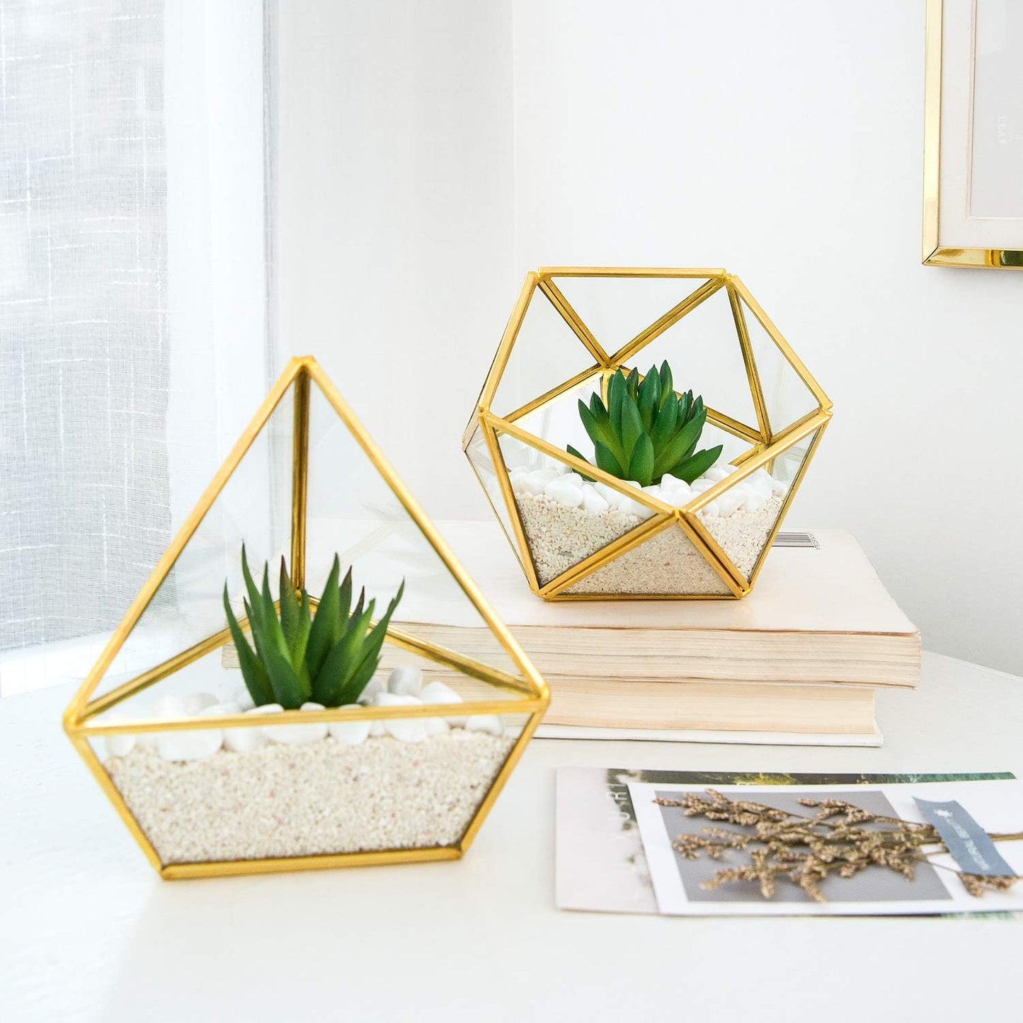 Miniature Potted Faux Plant Bookshelf Desk Boho / Gold,green,clear / Set of 3
