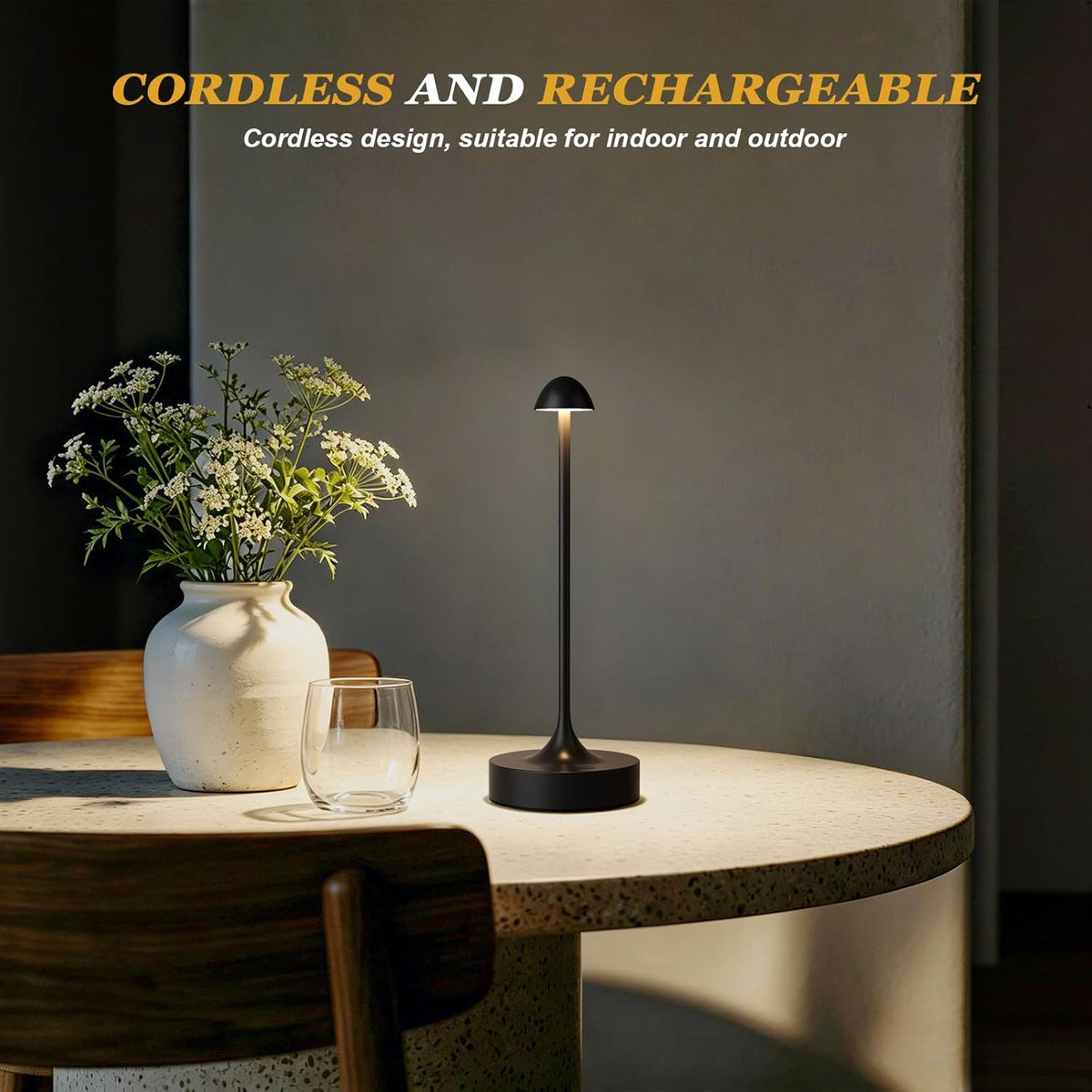 Cordless Rechargeable Table Lamp, Battery Operated Desk Lamp, Black, 2 Pack | Wireless Night Light, 3 Color Modes