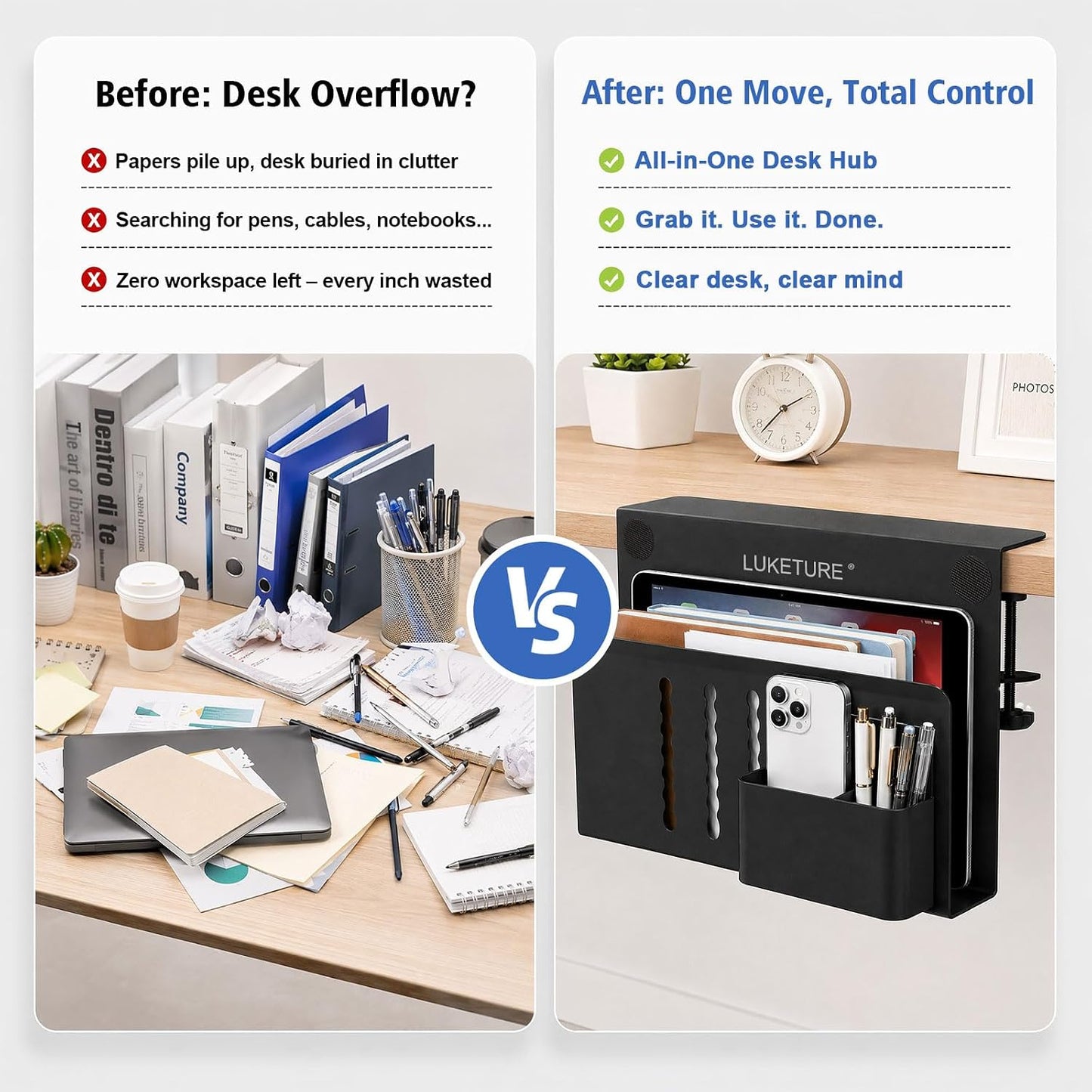 LUKETURE Desk Side Storage Laptop Holder No Drill Clamp On Organizer | Steel Side Desk Organizer, Clamp on Laptop Mount