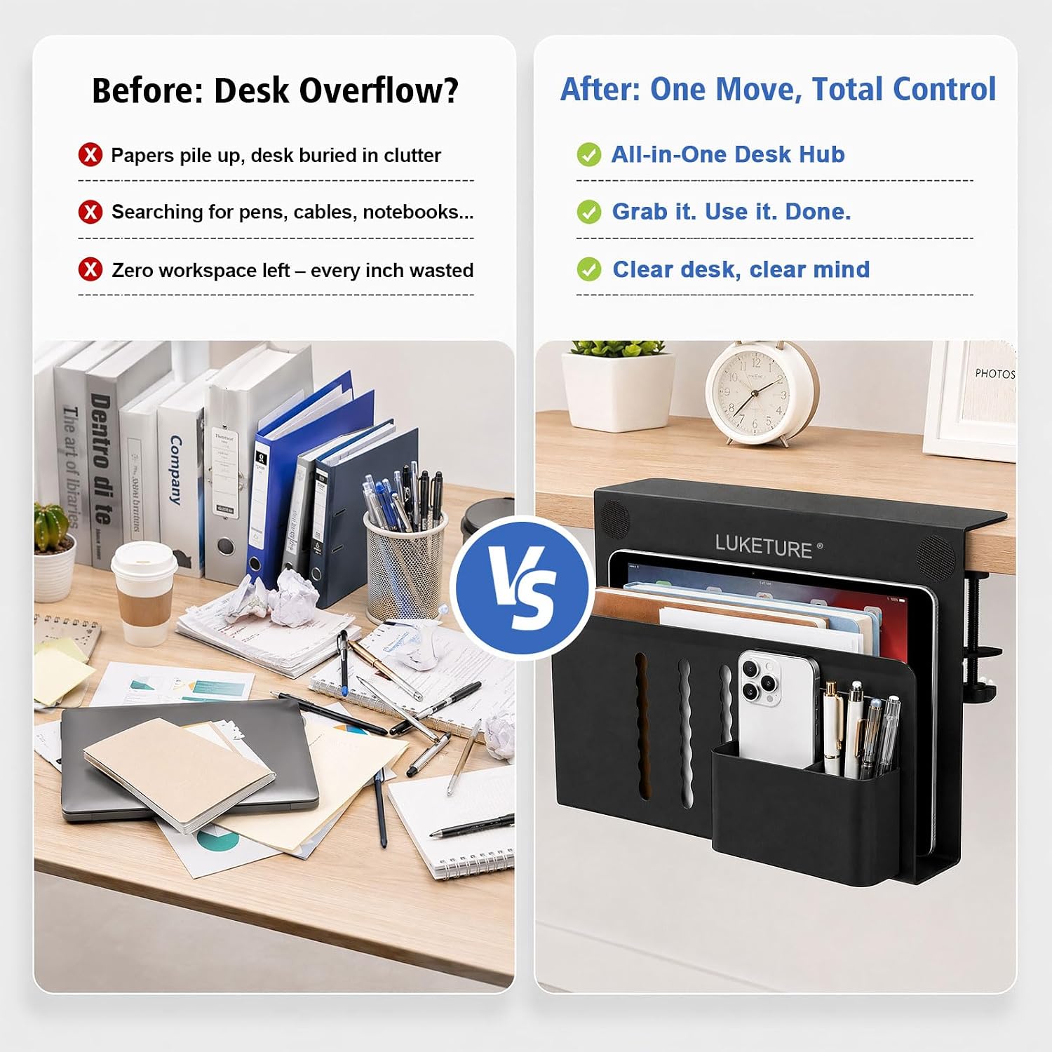 LUKETURE Desk Side Storage, Steel Side Desk Organizer, No Drill Laptop Holder, Clamp on Laptop Mount with Pen Holder
