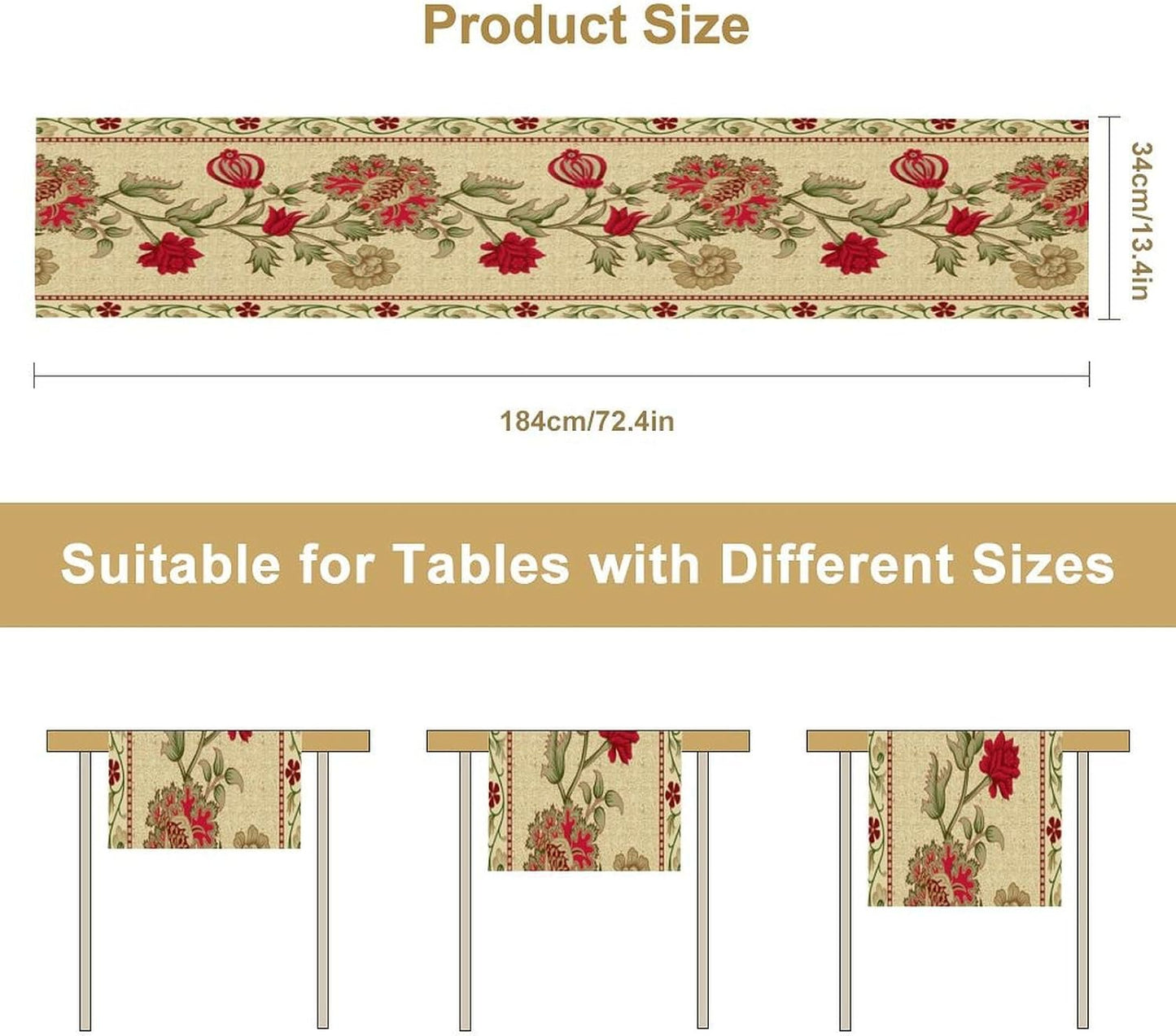 Rustic Floral Table Runner, Ethnic Style Leaf Flower Art Design Patterns Printed Linen Table Runner for Home Kitchen