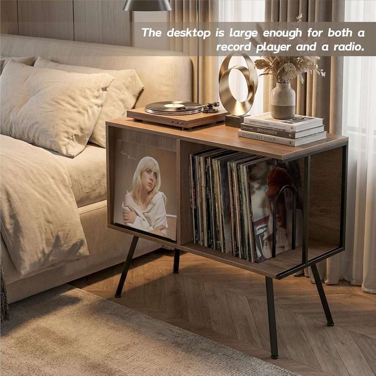 Faesun Record Player Stand with Flip-Down Record Shelf, Walnut | Vinyl Record Storage Holds up to 150+ Albums