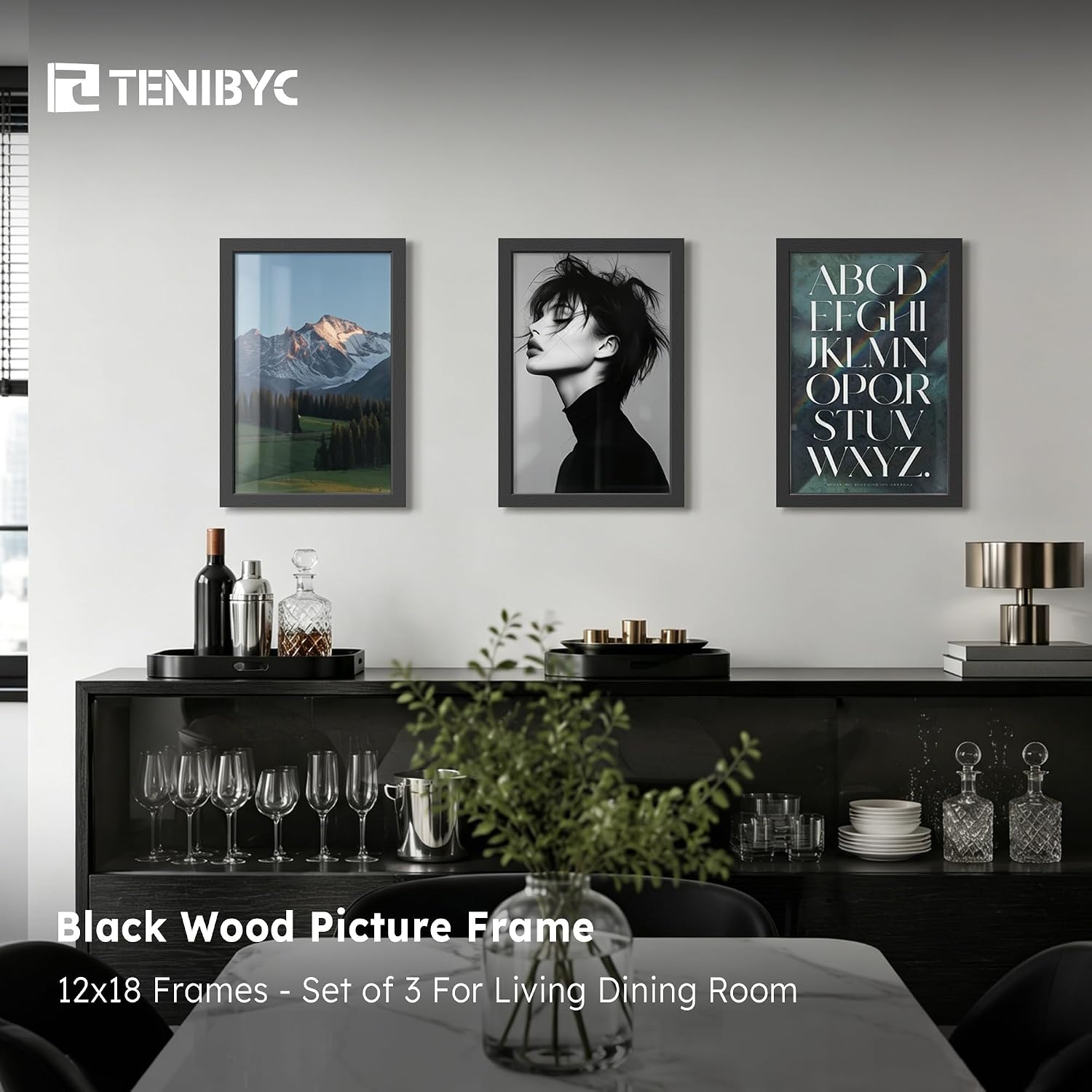 12x18 Poster Frame 3 Pack, Black Wood, Real Glass, Wall Hanging | Thick HD Tempered Glass, Large Movie Picture Frame