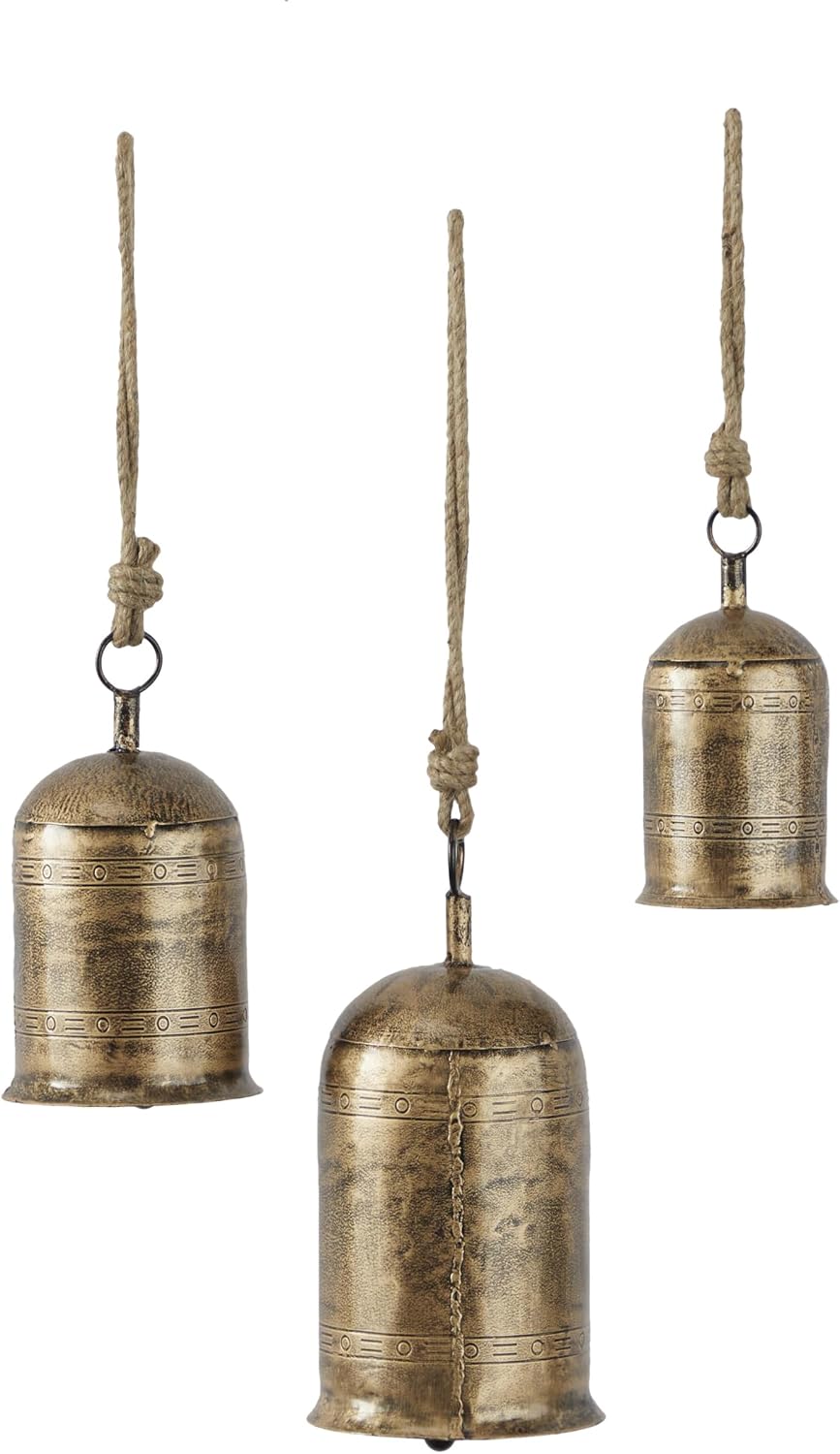 Deco 79 Metal Indoor Outdoor Decorative Cow Bells Tibetan Inspired Meditation Bell with Jute Hanging Rope, Set of 3 Cow