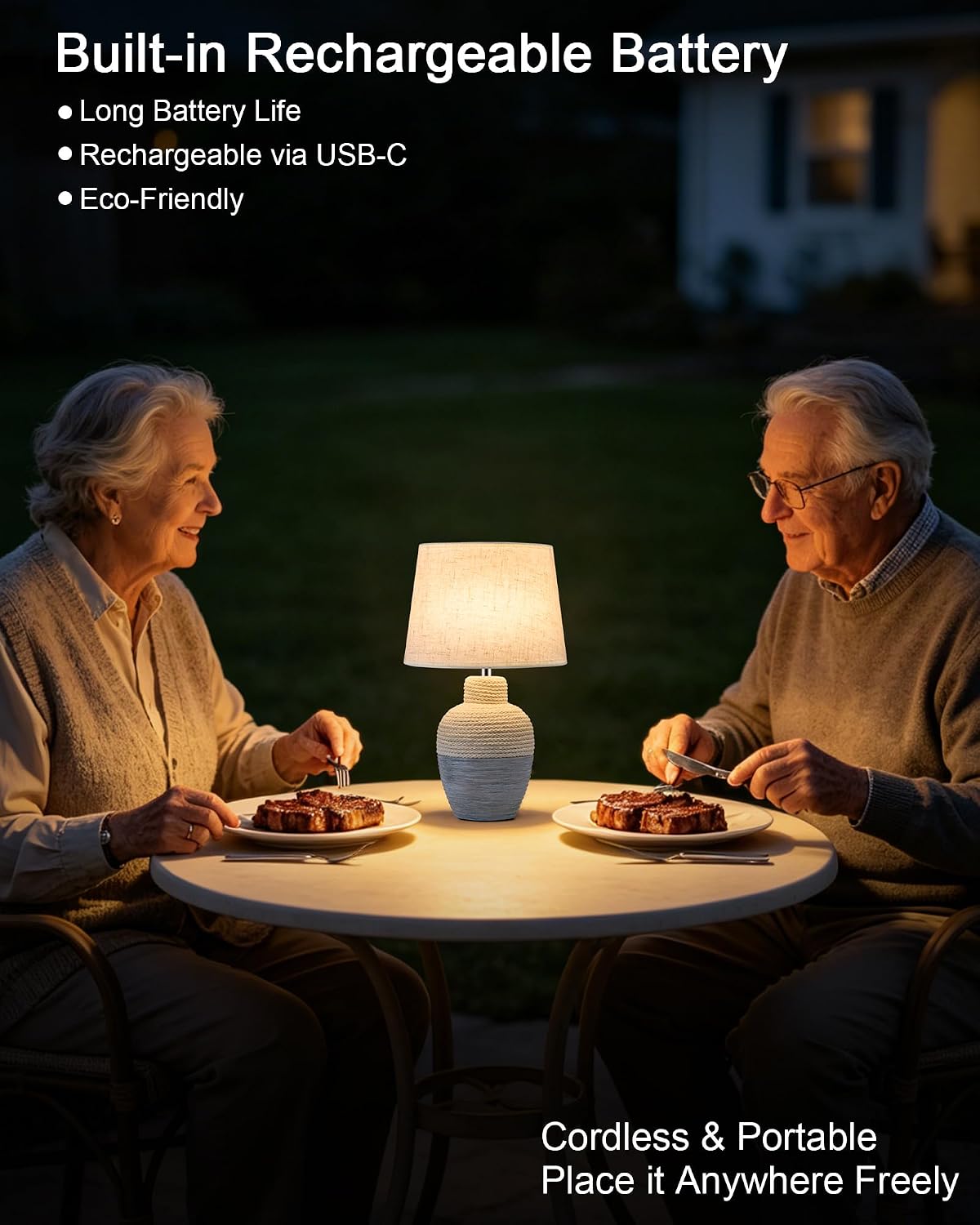 UMEXUS 13" Small Cordless Rechargeable Battery Table Lamp, Coastal Ceramic | Remote Control Timer, Dimmer, RGB & Warm