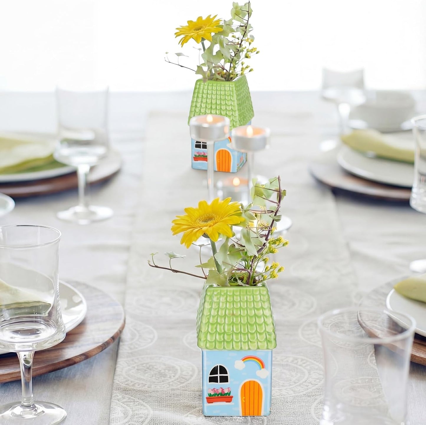 Ceramic House Shape Vase Mini Handmade Vase Decorative Small Flower Container / Green / 2.4 x 3.8
