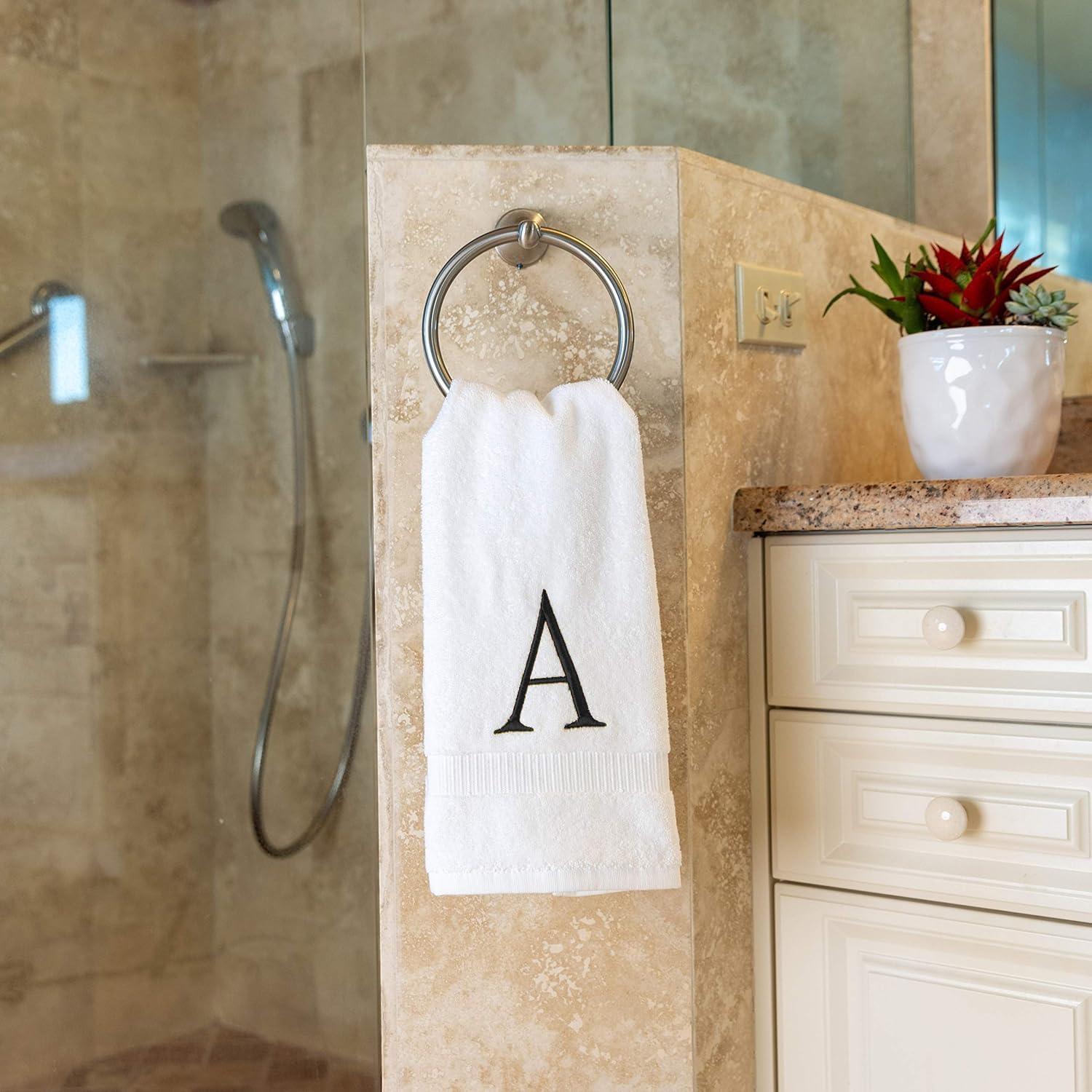 White with Dark Gray Monogrammed Hand Towels for Bathroom Set of 2 Letter A | Luxury Hotel Quality Initial Towels For