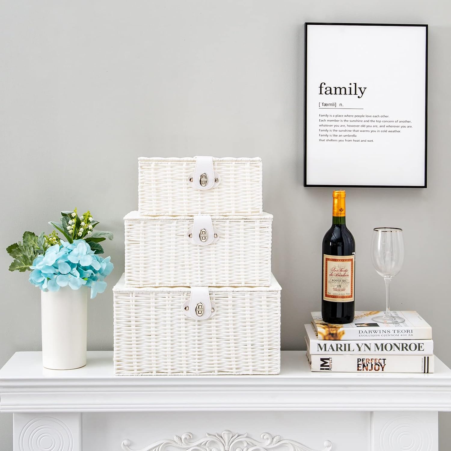 Woven Wicker Storage Basket Box / White / Set of 3
