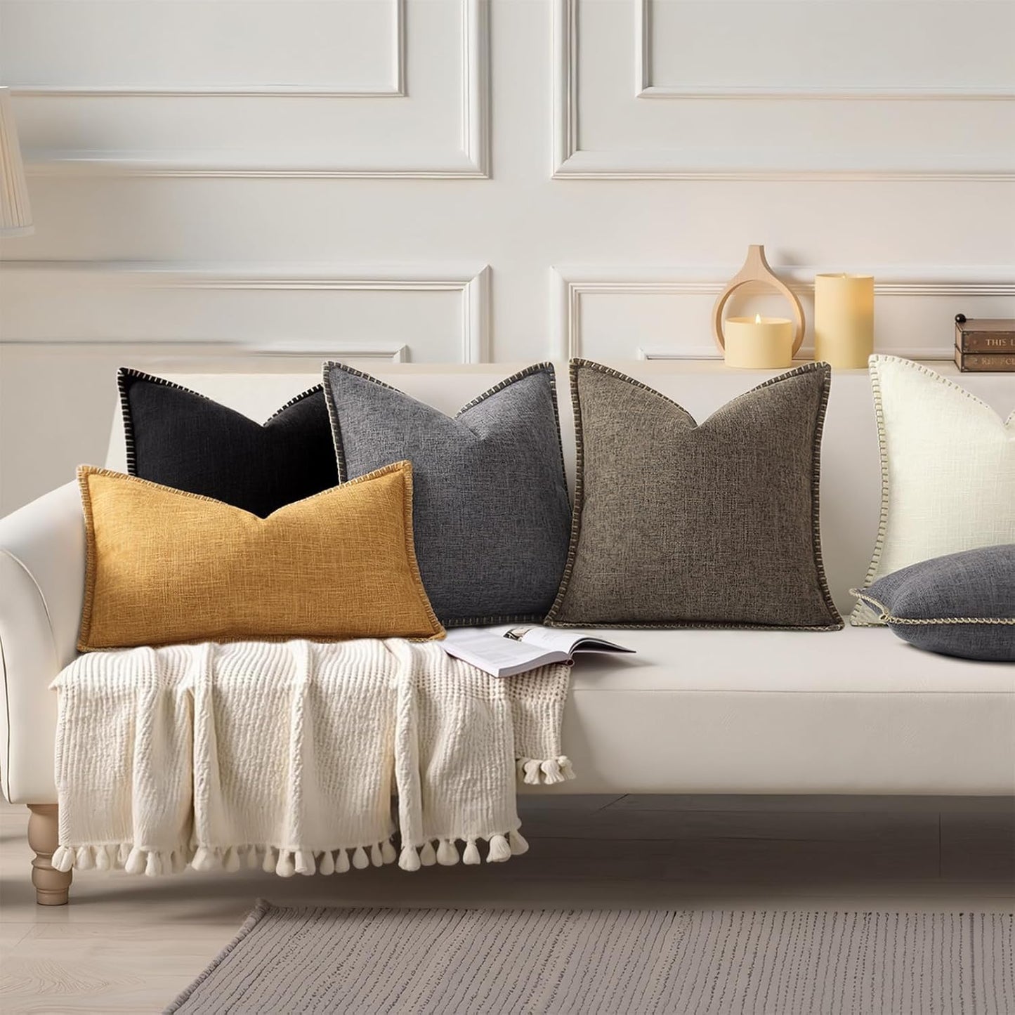 Fall Decorative Throw Pillow Covers Square Faux Linen Farmhouse / Chocolate / 18 x 18 / Set of 2