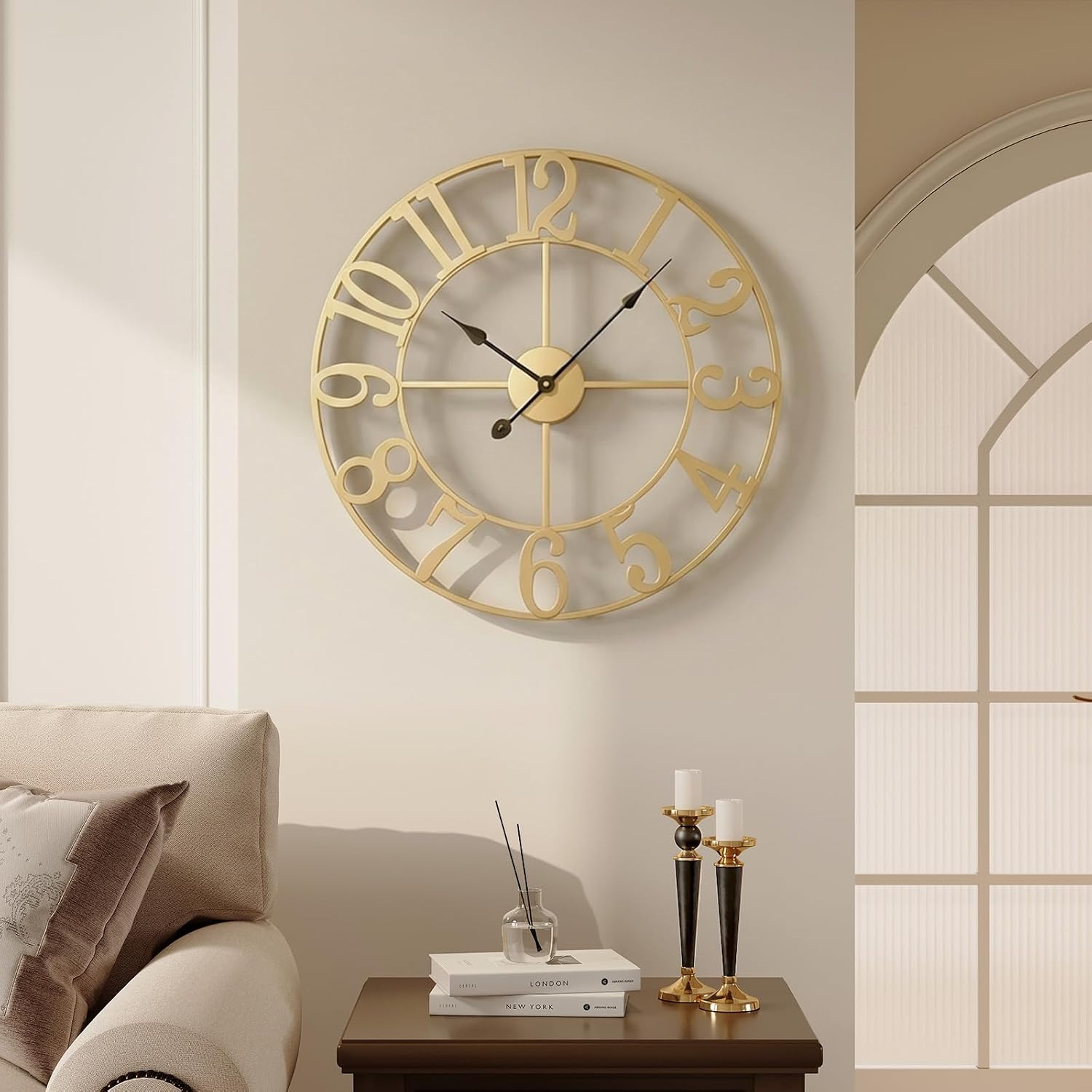 Cuspin Gold Wall Clock for Living Room Decor, 24 Inch Large Metal Clock | Battery operated, Silent non ticking, metal