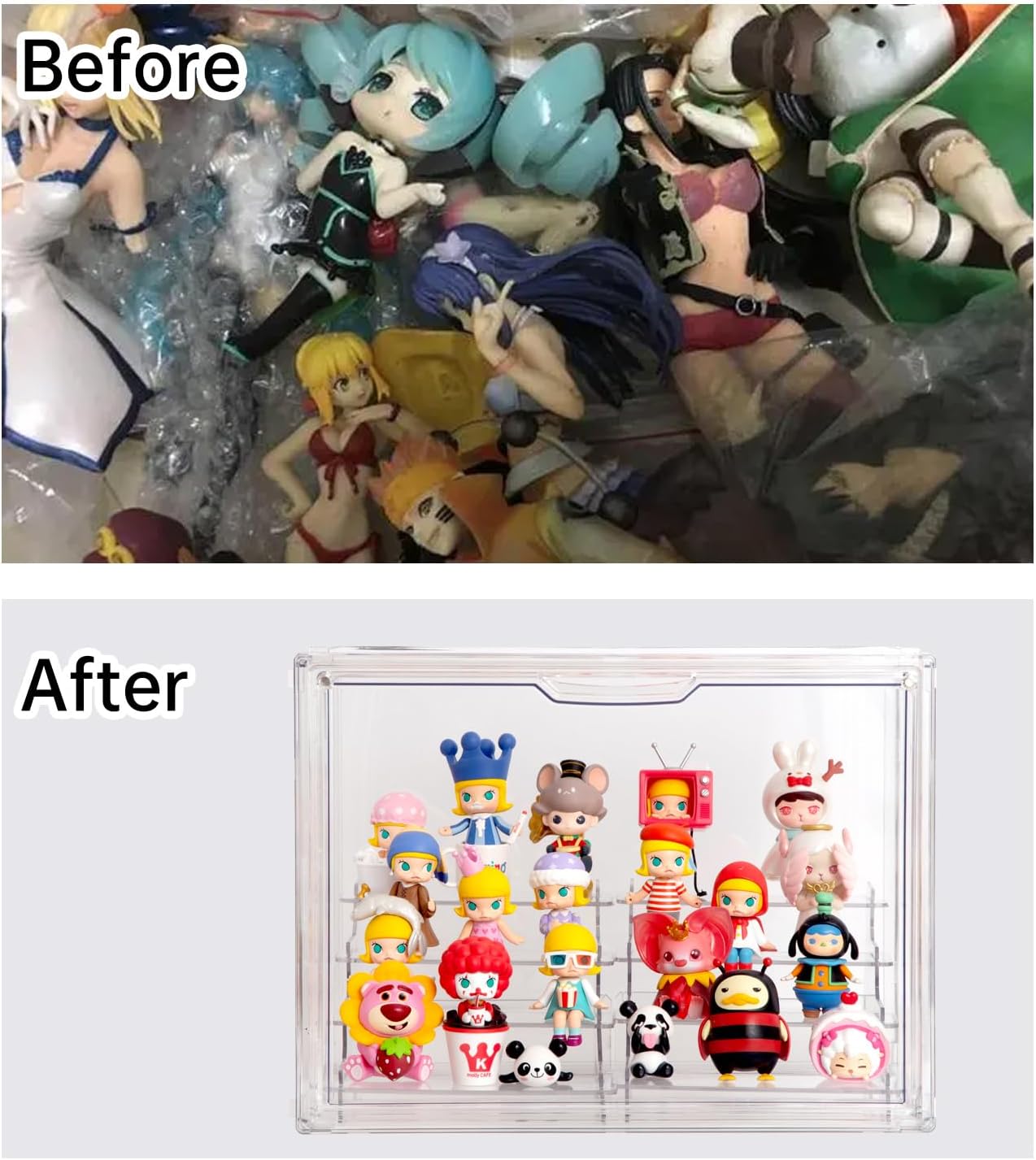 BOHOIDEE Clear Acrylic Display Case with Two Display Shelves for Figures, Dustproof Storage Organizer Box with Magnetic