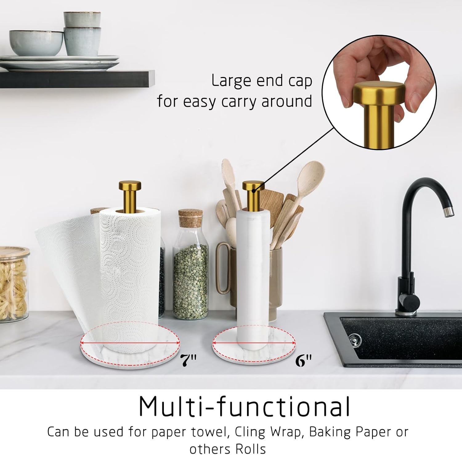 Paper Towel Holder Countertop, Brushed Gold, 7" White Marble Base | Weighted Marble Base, Paper Roll Holder, Modern