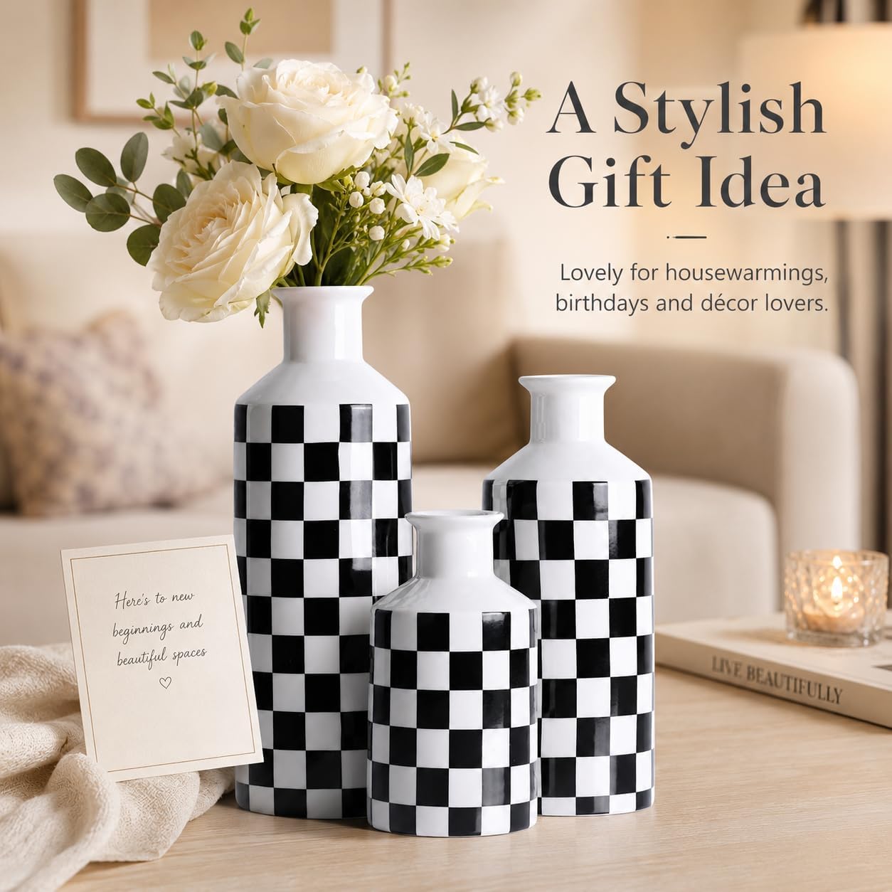 White Ceramic Vase Set 3 / Black